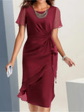 Chiffon Patchwork Dress for Women Slim Fit Round Neck Waist Twist Asymmetrical Ruffle Hem Wedding Guest Evening Party