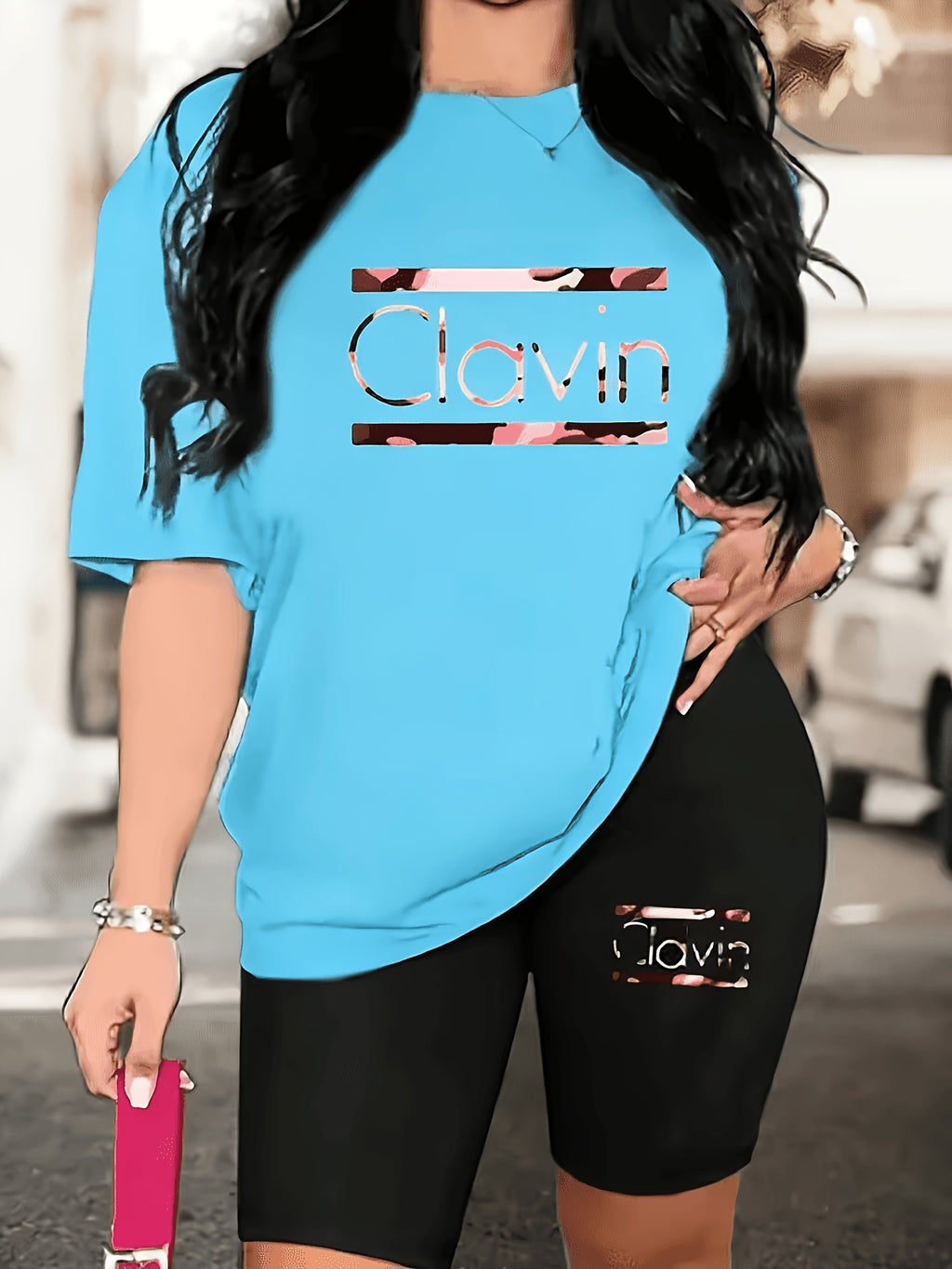 Women's 2-Piece Oversized T-Shirt and Fitted Shorts Matching Set Lettering Print Streetwear Loungewear