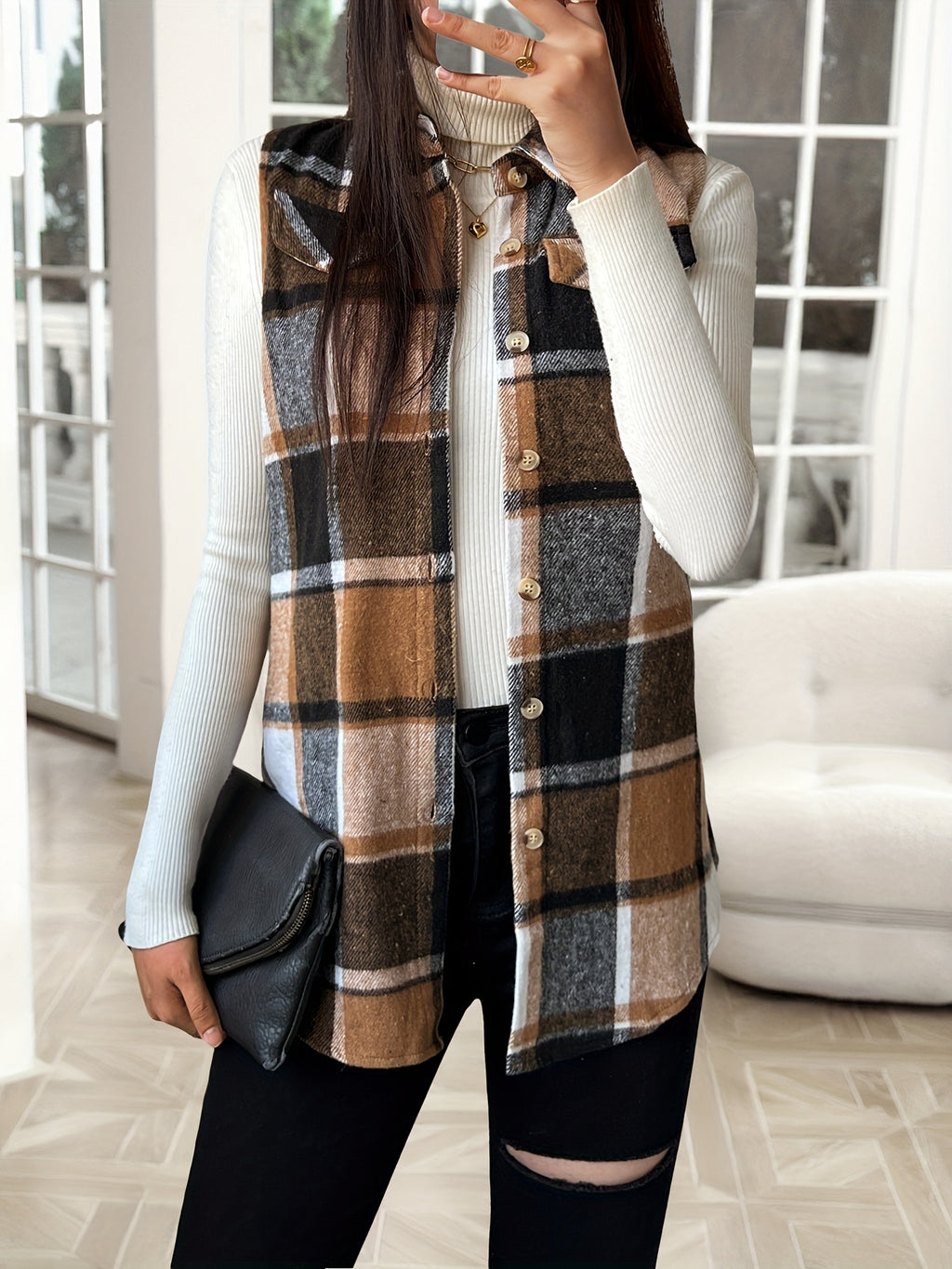 Plaid Lapel Vest Jacket Women Casual Suede Sleeveless Outerwear Fall Winter Layering