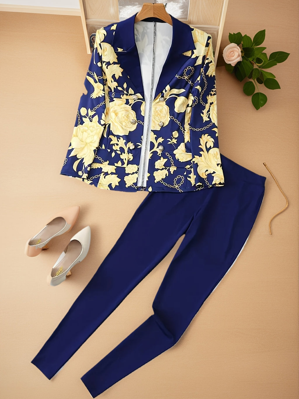 Blue Floral Print 2-Piece Suit Set Women Jacket Pants Double Breasted Lapel Commute Office Spring Fall