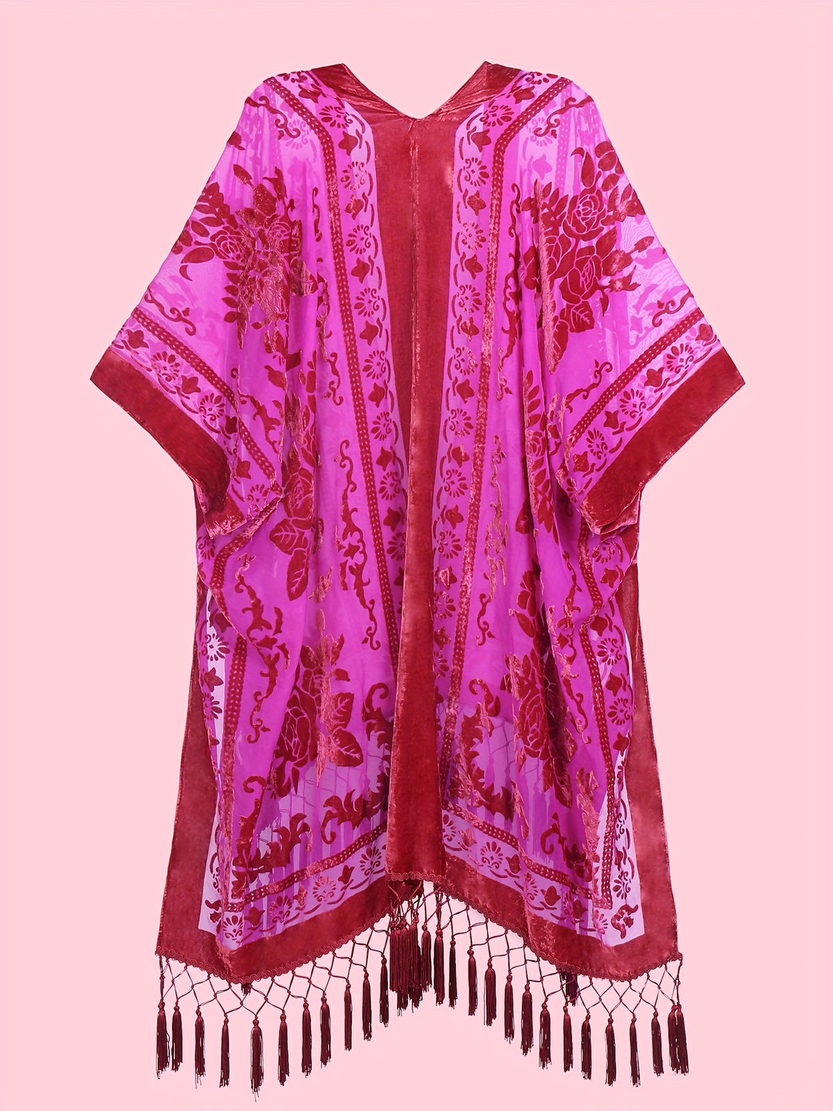 Boho Burnout Velvet Kimono Women Long Cardigan Cover Up Tassel Floral Embroidered One Size