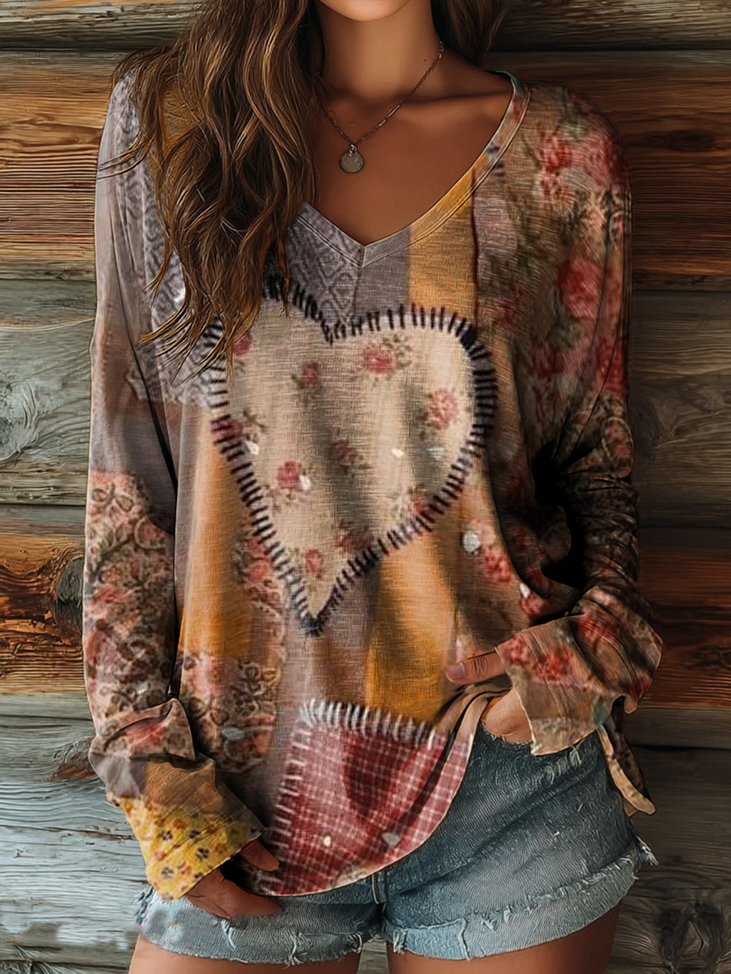 Heart Floral Patchwork Long Sleeve T-Shirt Women Vintage Retro V-Neck Loose Fit Casual Outdoor Fall Winter Top Soft Stretch Red S-XXL