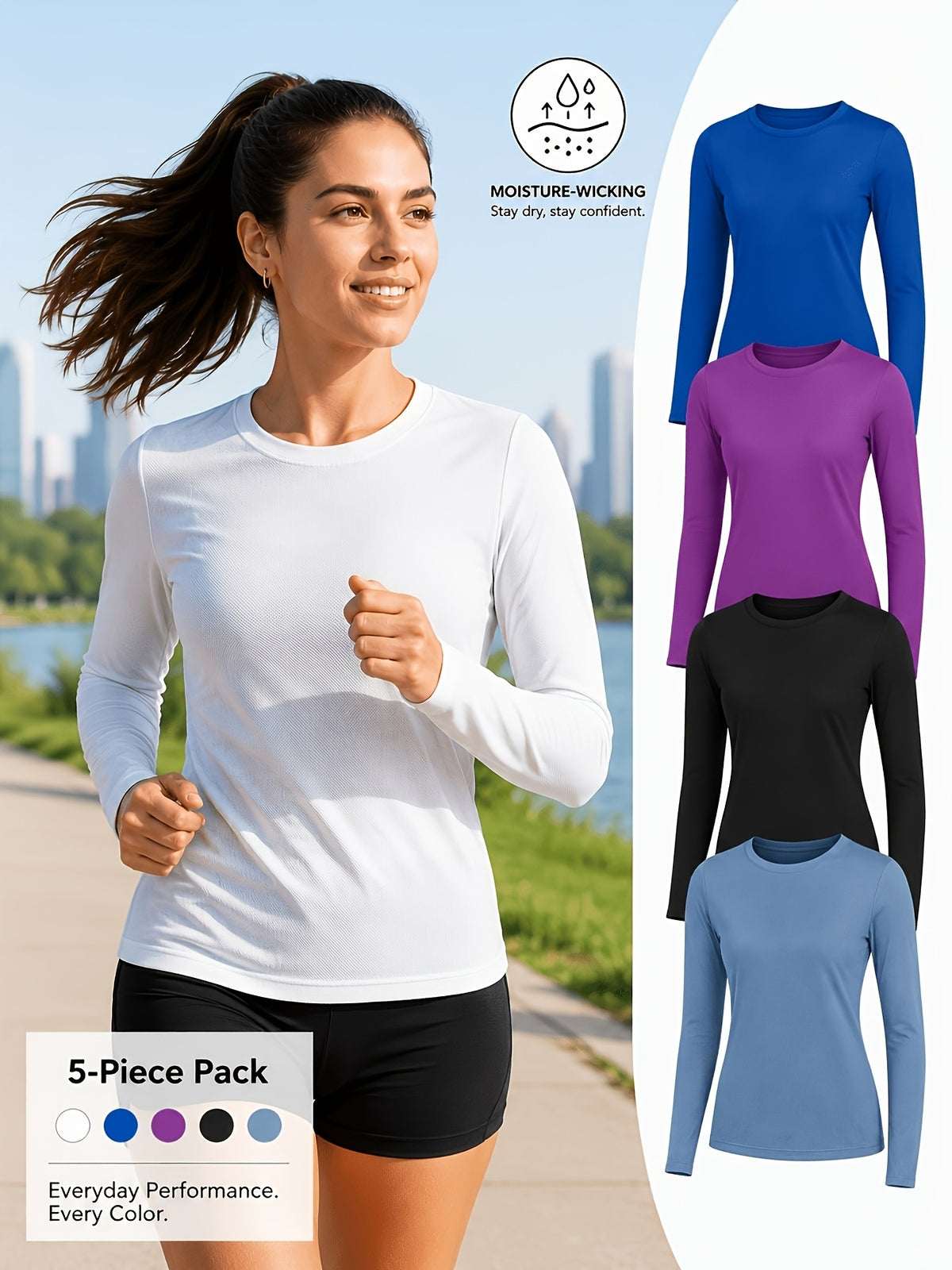 5-Pack Long Sleeve Women T-Shirts V-Neck Moisture-Wicking Breathable High Stretch Outdoor Solid Color Top Four Seasons Assorted Colors