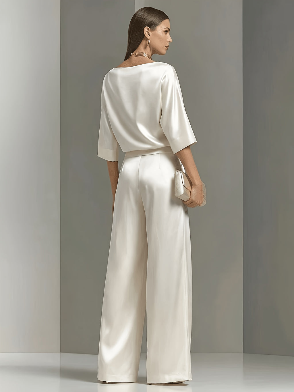 Satin 2 Piece Outfit Set Women Cowl Neck Top High Waist Wide Leg Pants Elegant Formal Business Wedding Guest Office Suit Fall Winter S-XXL