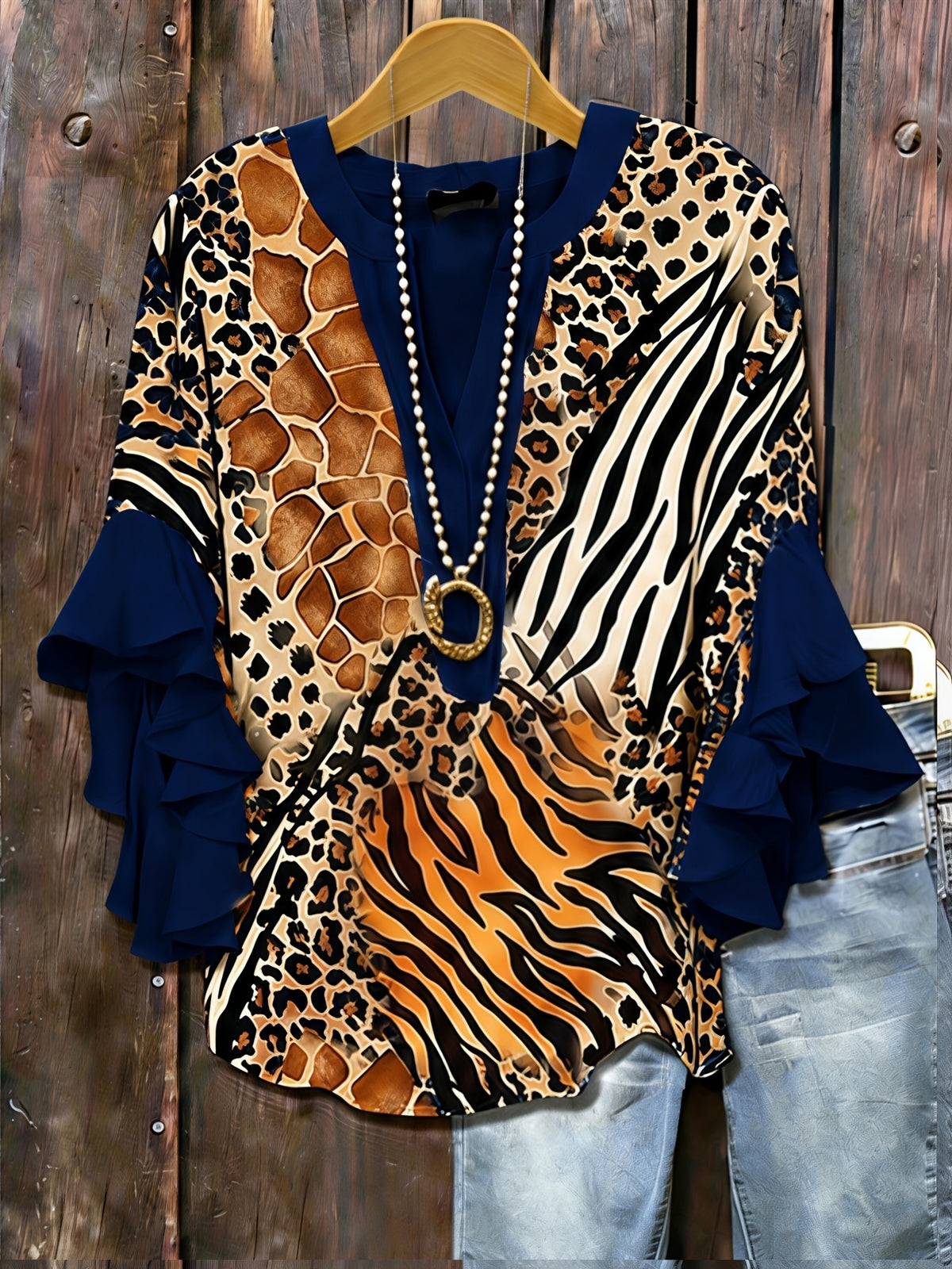 Animal Print Ruffle Sleeve Tunic Top Women V-Neck Long Blouse Three Quarter Patchwork Loose Fit Casual Daily Commute Date Night 95% Polyester