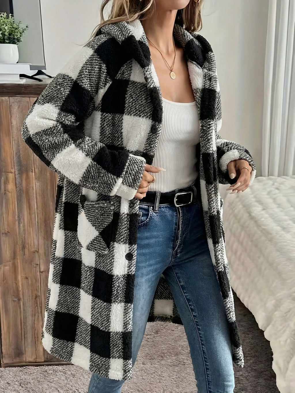 Two-Tone Plaid Hooded Jacket Women Long Thickened Warm Winter Coat Zip Up Sweatshirt Home Fleece Outerwear Multi Color S-XL Gray Pink Black Grid