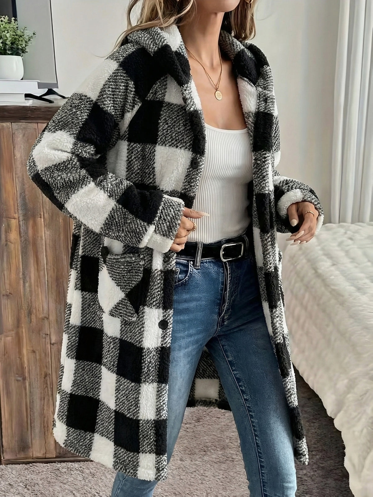 Two-Tone Plaid Hooded Jacket Women Long Thickened Warm Winter Coat Zip Up Sweatshirt Home Fleece Outerwear Multi Color S-XL Gray Pink Black Grid
