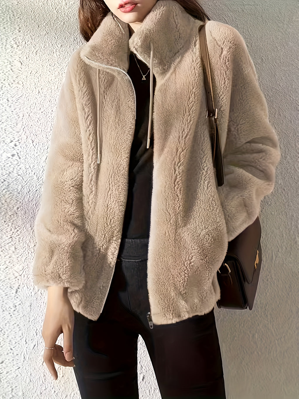 Plush Hooded Zip-Up Jacket for Women Solid Color Fuzzy Sherpa Coat Warm Winter Casual Daily