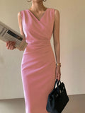 Minimalist V-Neck Sleeveless Bodycon Dress Women Elegant Solid Color Work Commute Business Asymmetrical Spring Summer Formal Dress