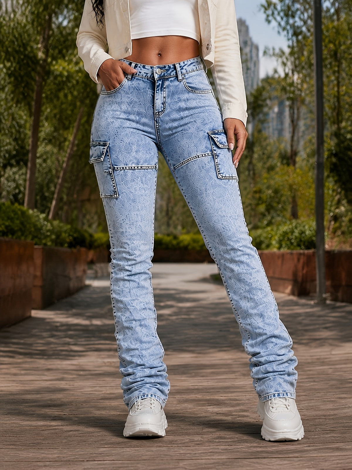 High Waist Stretch Jeans Women - Sky Blue Casual Denim Pants, Comfortable Slim Fit Machine Washable Streetwear Bottoms for Spring Summer Fall