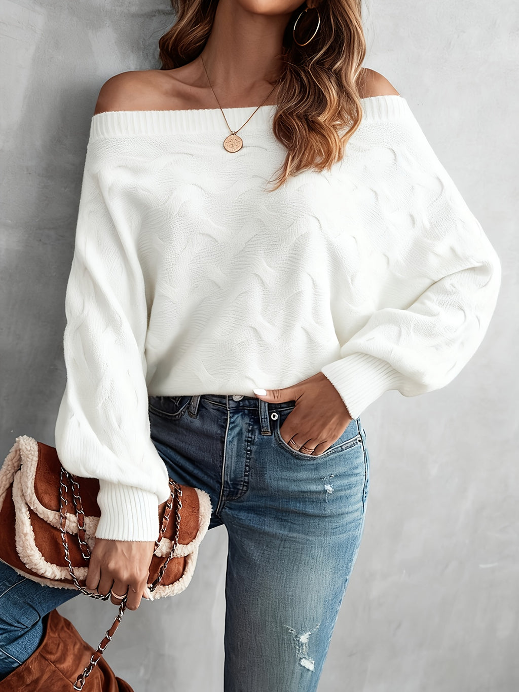 Off Shoulder Batwing Sleeve Knit Sweater Women Solid Green Oversized Pullover Top - Casual Relaxed Fit All Season Knit