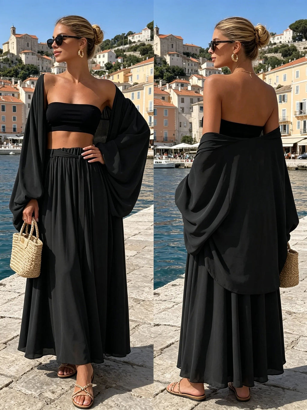 3 Piece Set Women Lantern Sleeve Cardigan Tube Top Wide Leg Pants Boho Vacation Beach Resort Outfit White Black Apricot S-XXL