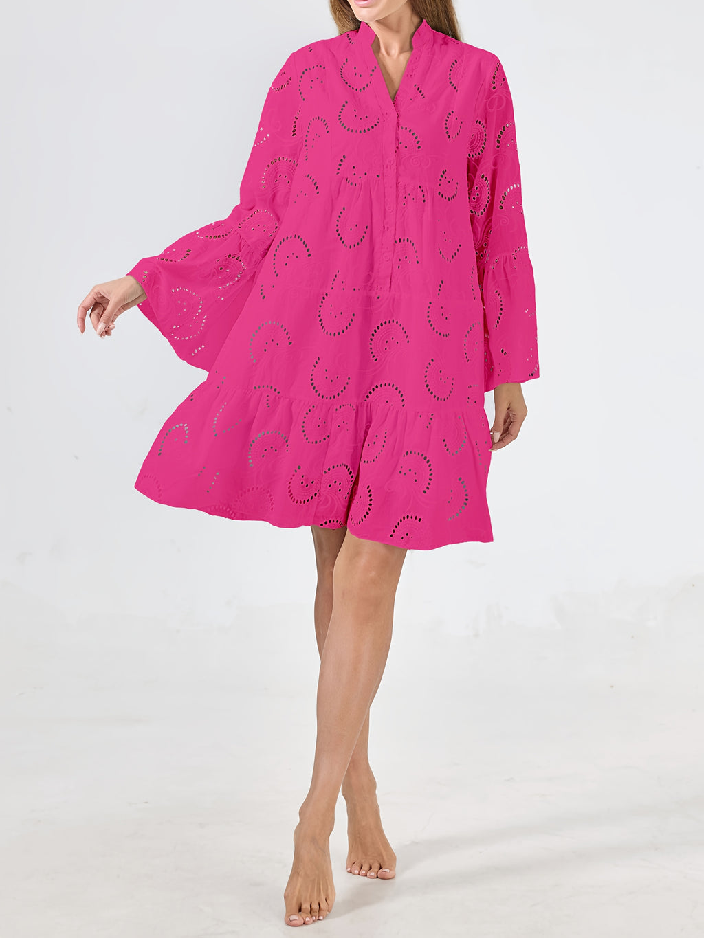 Mint Green V-Neck Bell Sleeve Lace Cut-Out Midi Dress Women Casual Party Long Dress S-XXL