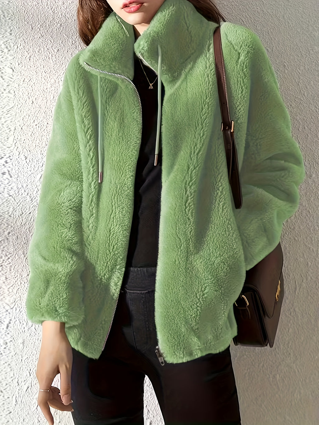 Plush Hooded Zip-Up Jacket for Women Solid Color Fuzzy Sherpa Coat Warm Winter Casual Daily