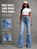 Women's High Waist Flare Jeans Light Wash Embossed Vintage Stretch Denim Bell Bottom Bootcut Trousers
