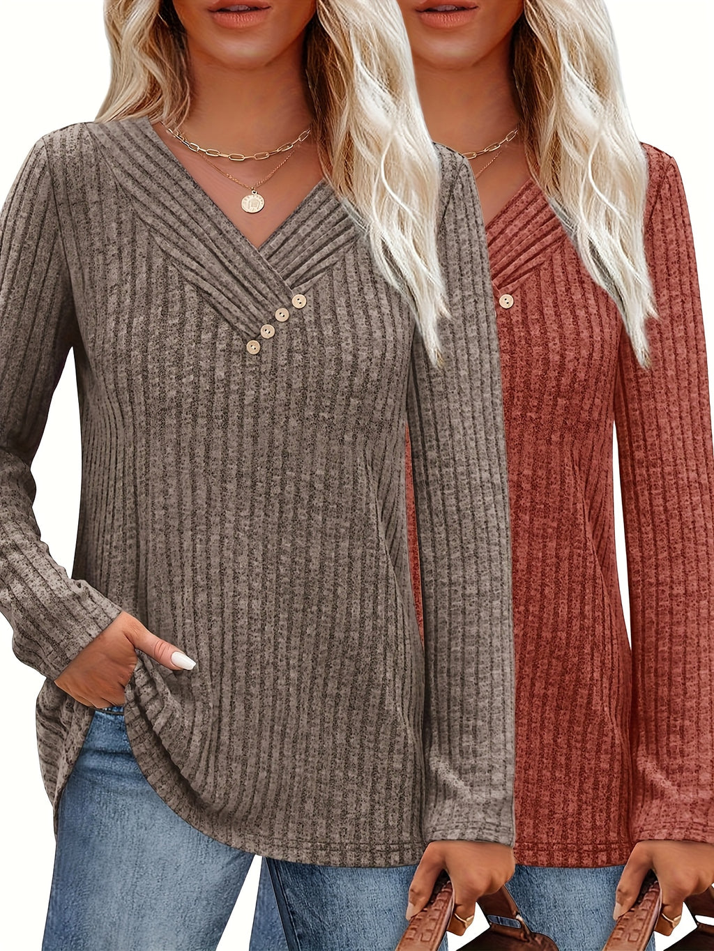 Women Colorful V Neck Button Pullover Sweater Loose Long Sleeve Knit Top Casual Everyday Layering Piece Fall Winter Cropped or Long Length