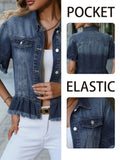 Frayed Drop Shoulder Short Denim Jacket Women Washed Retro Slim Loose Fit Lapel Single Button Trendy Deep Blue