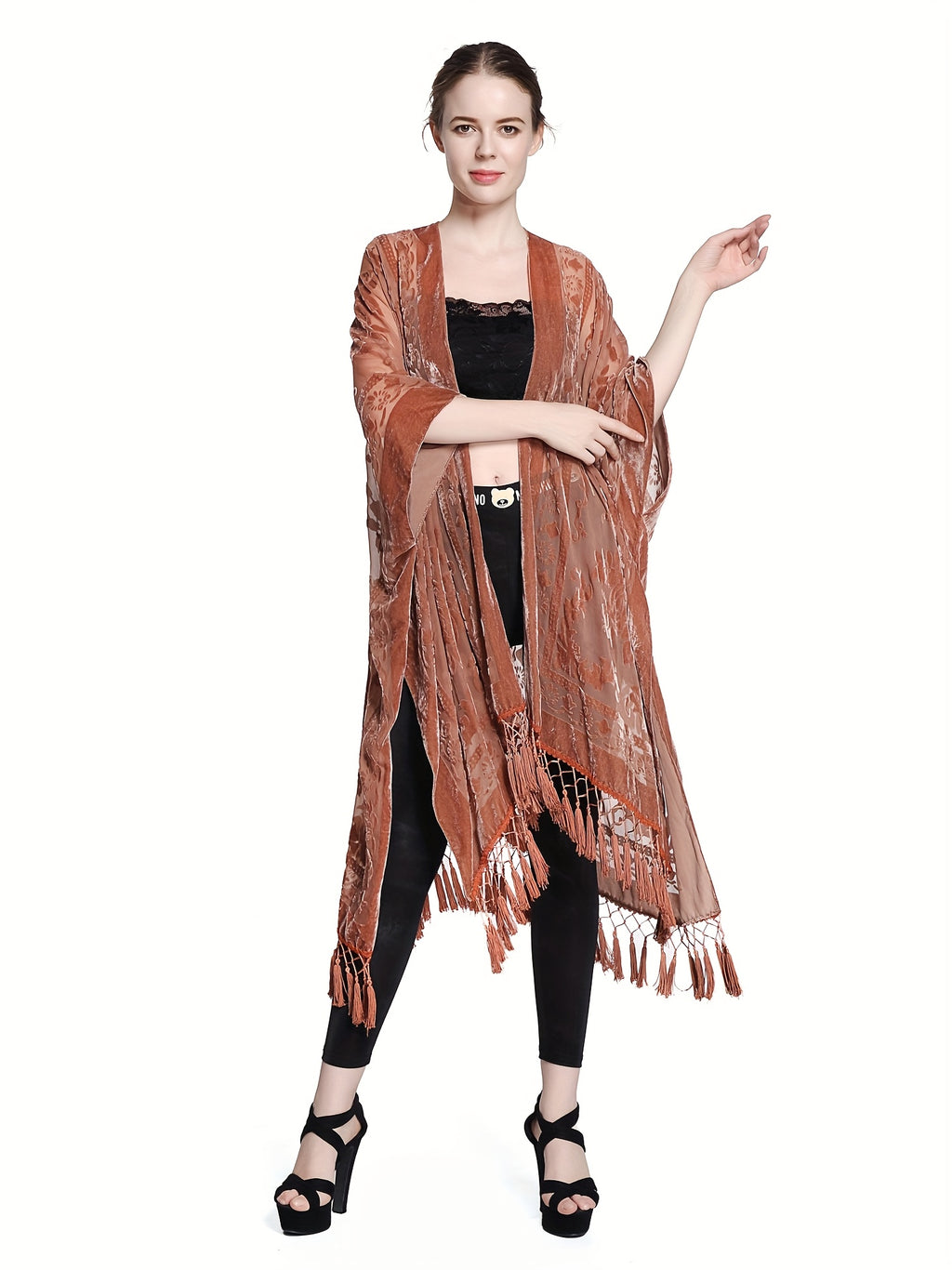 Boho Burnout Velvet Kimono Women Long Cardigan Cover Up Tassel Floral Embroidered One Size