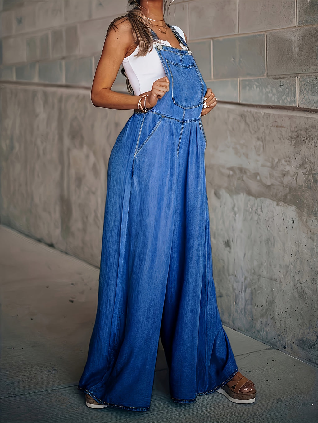 Women's Wide-Leg Denim Overall Pants Adjustable Shoulder Straps Large Pockets Loose Casual S-XXL