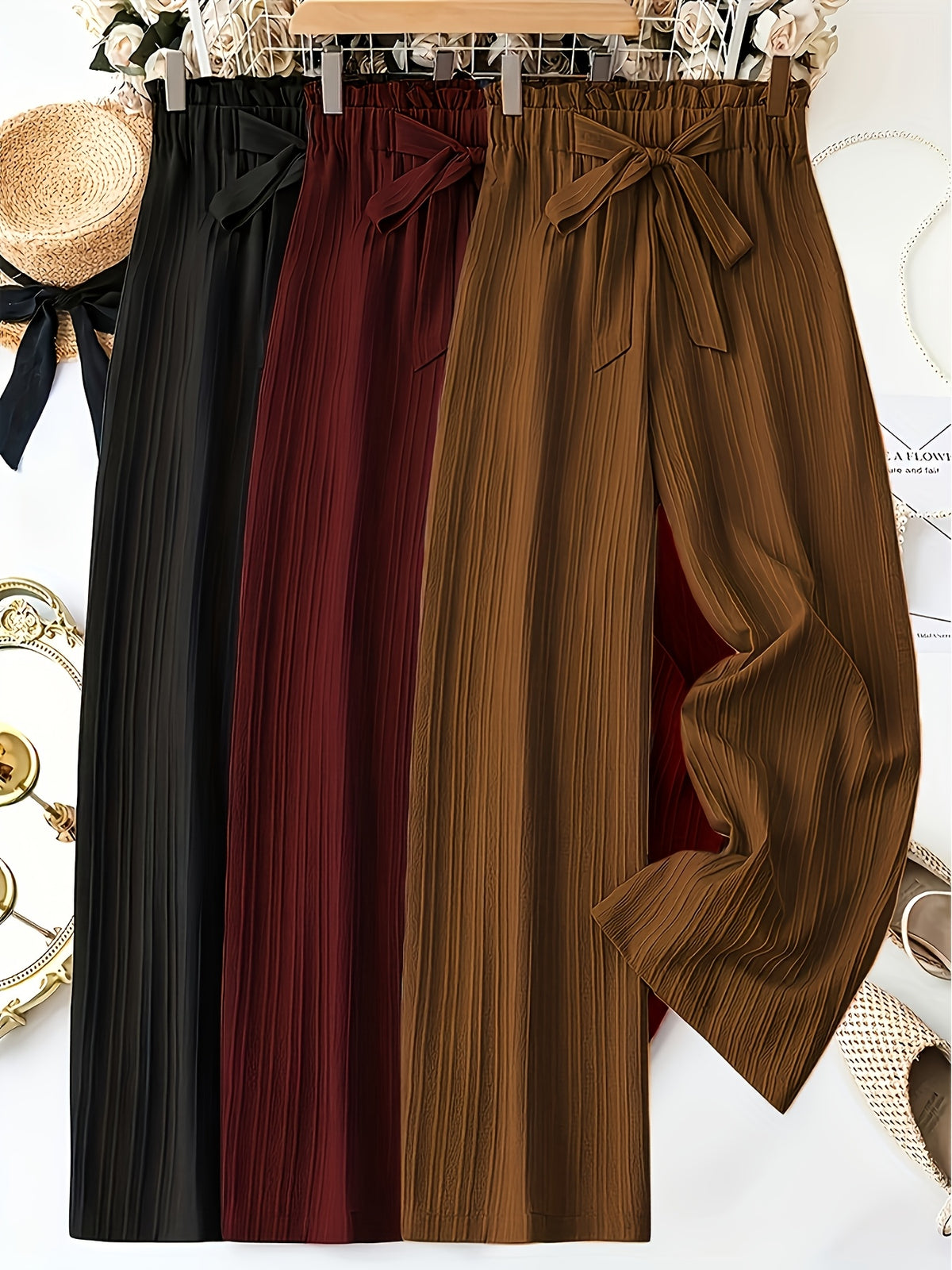 Pleated Wide Leg Pants Women 3 Pack Bow Elastic Waist Loose Straight Leg Long Trousers Spring Summer Daily Commute Casual Versatile S-XXL