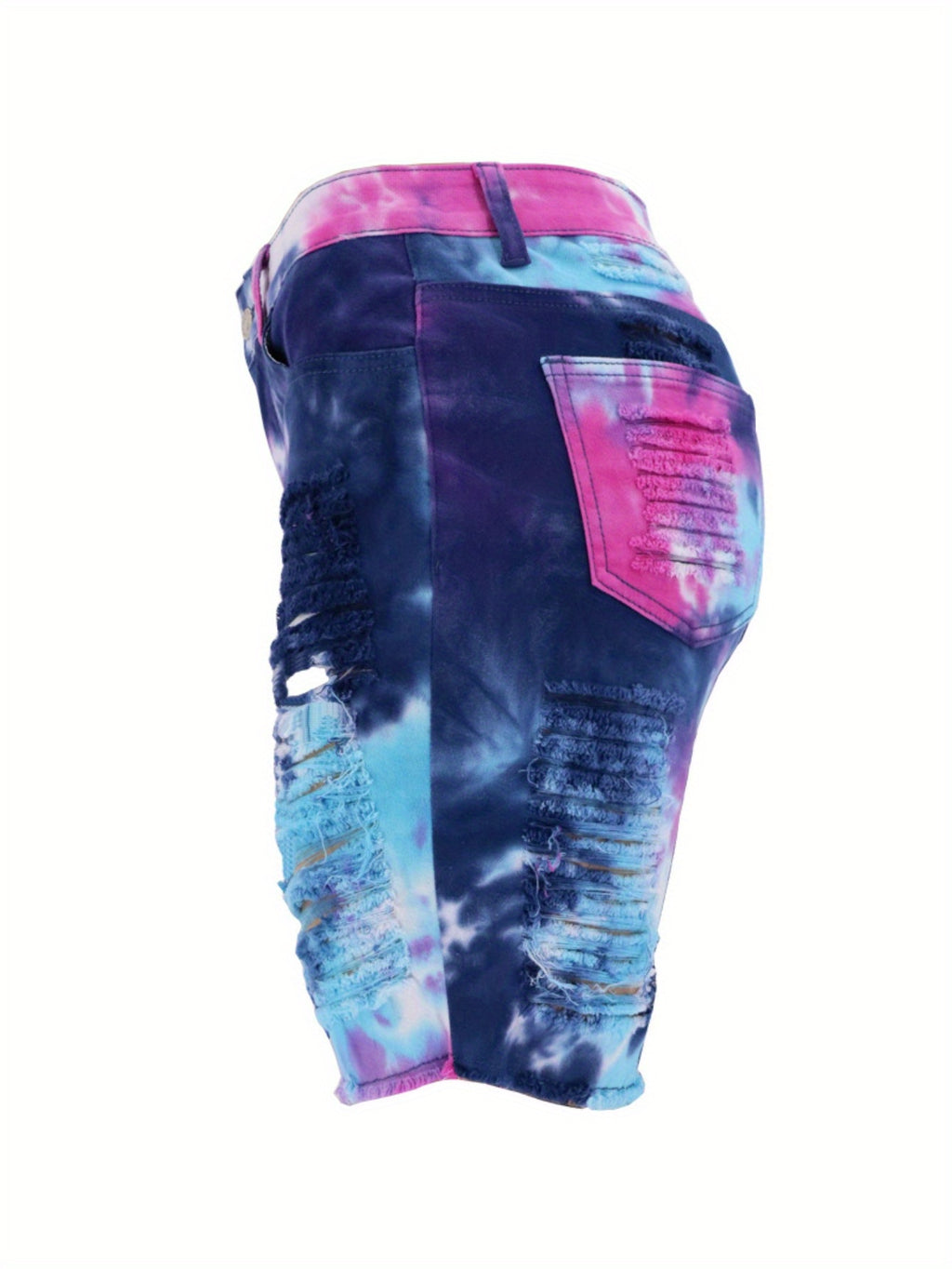 Ripped Denim Shorts Women Tie-Dye Distressed High Waist Mid Length Summer Edgy Trendy Jean Shorts Blue Pink Casual Streetwear Going Out