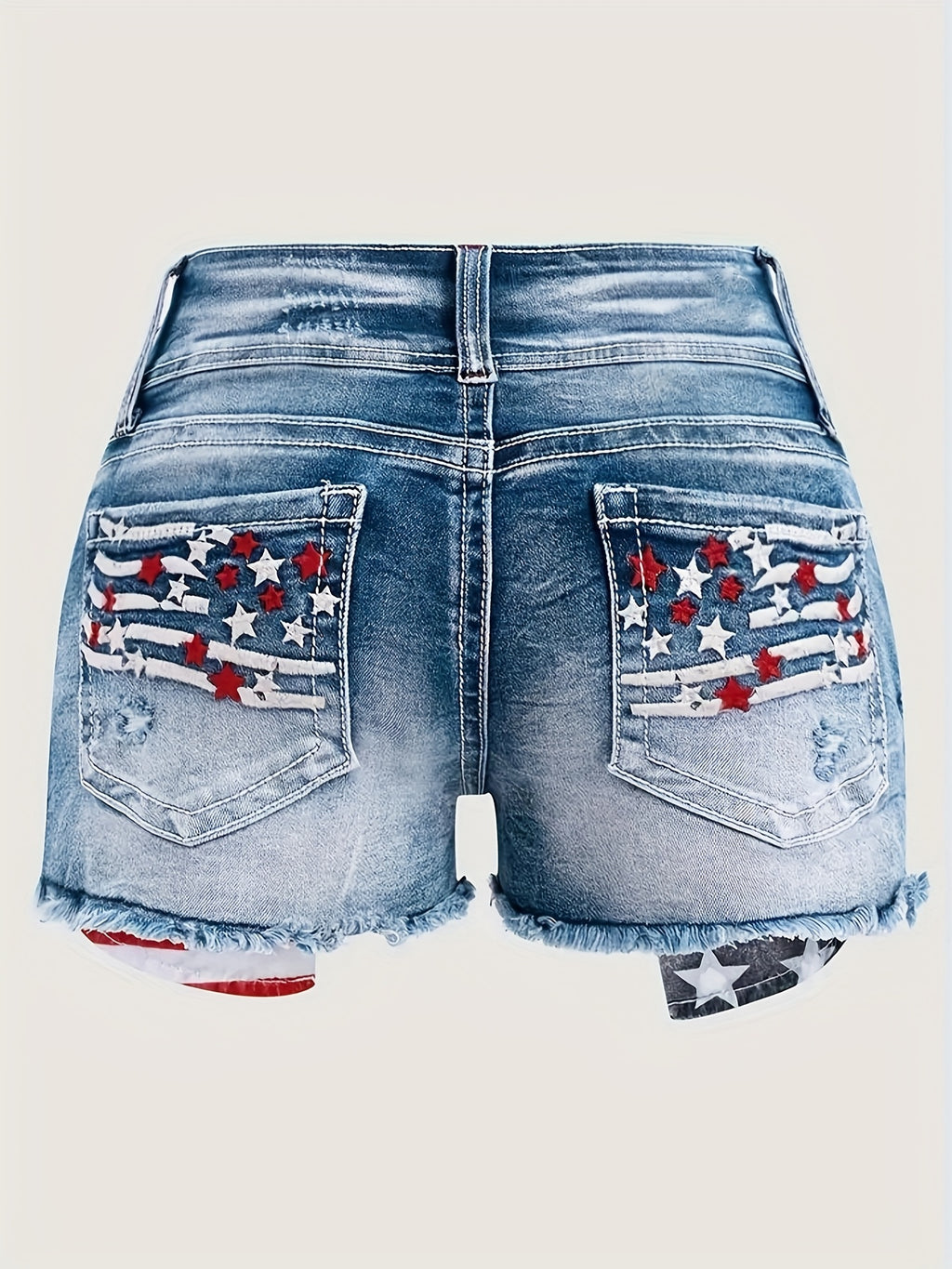 Stretch Denim Shorts for Women - Retro Color Block Embroidery Mid Rise Slim Fit, Built-In Zipper Machine Washable Cotton Blue Casual Jean Shorts for Spring Summer