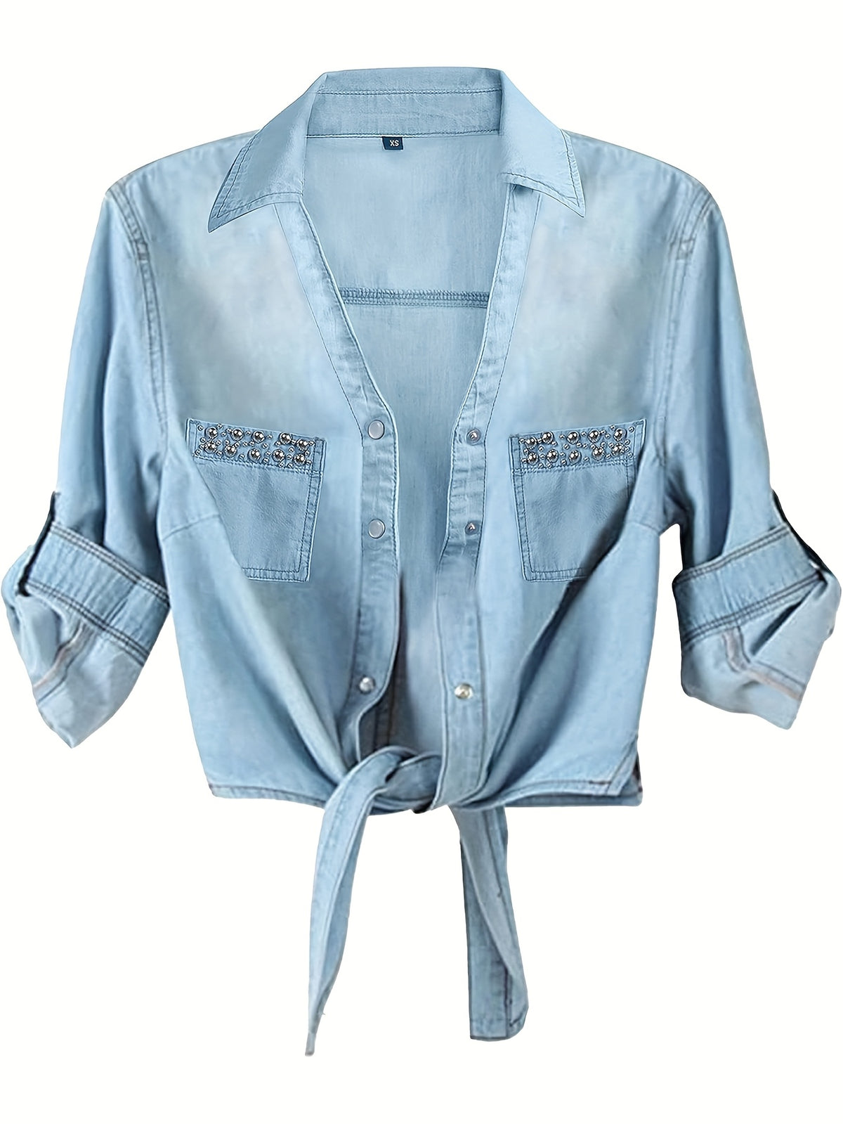 Women's Roll-Up 3/4 Sleeve Tie Front Knot Shirt Chambray Denim Crop Top Button Detail White Blue XS-XXL