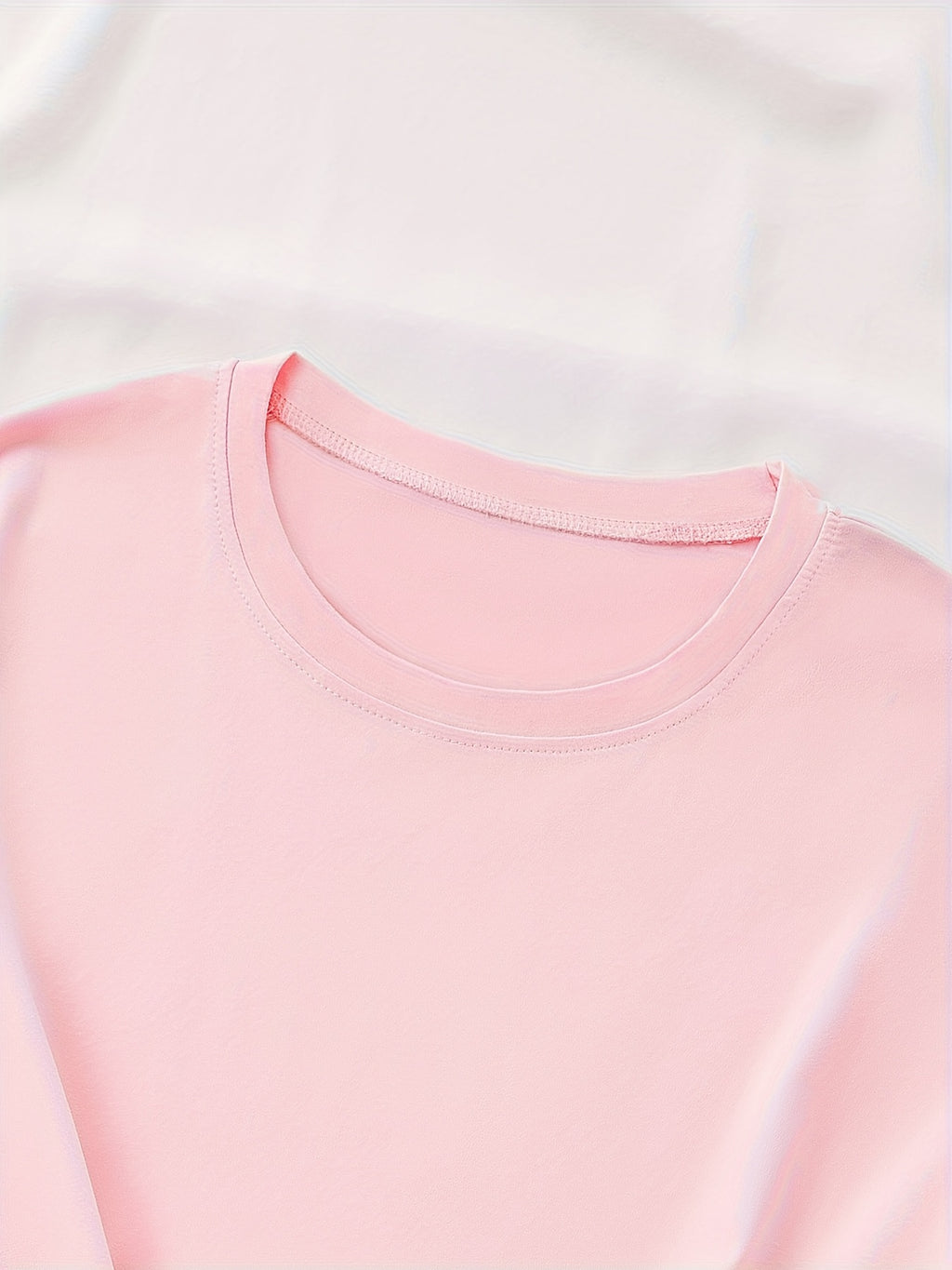 Geometric Letter Print Women T-Shirt Soft Pink Crew Neck Short Sleeve Casual Elegant Top Medium Stretch Spring Summer Fall Machine Washable
