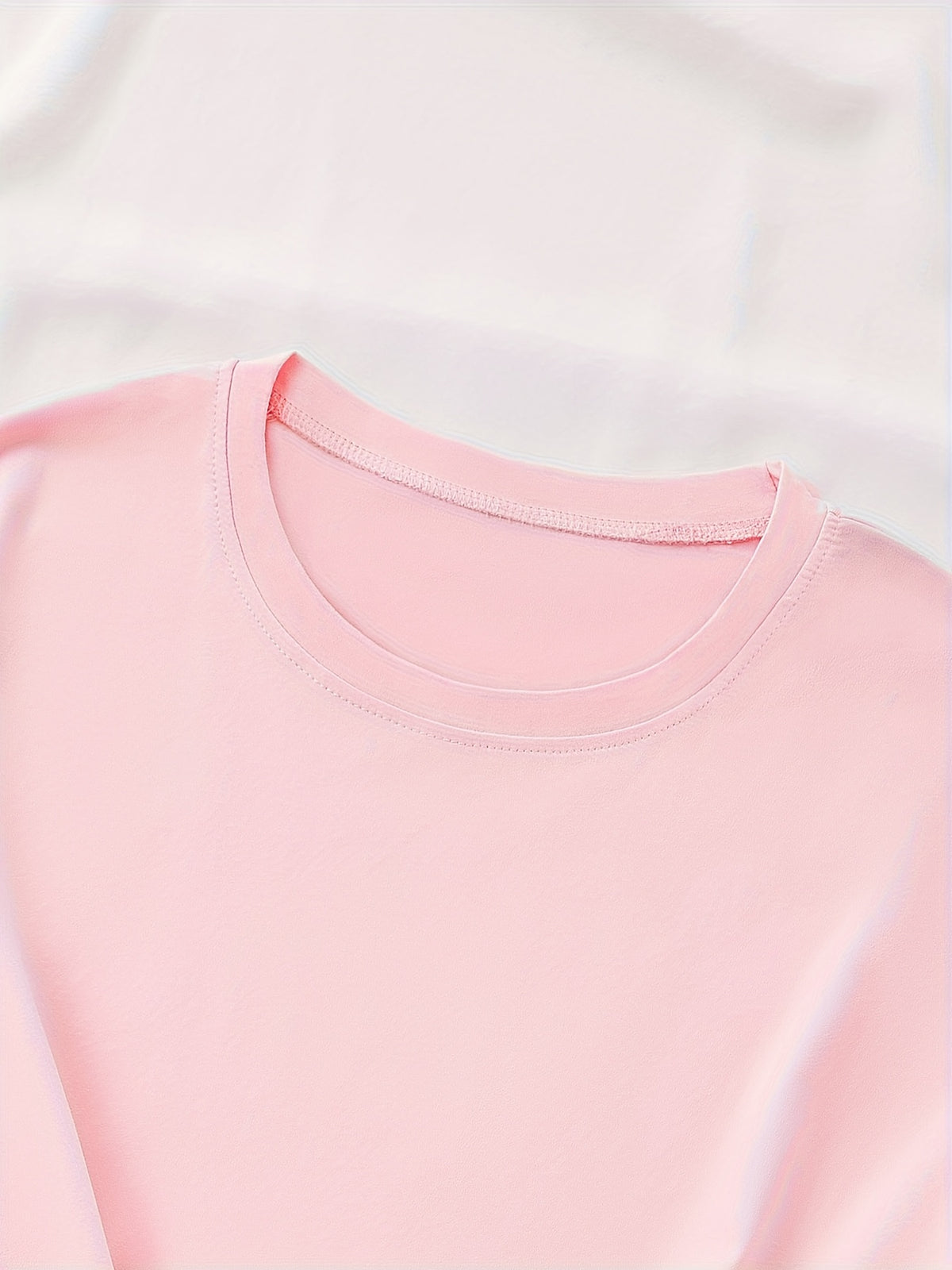 Geometric Letter Print Women T-Shirt Soft Pink Crew Neck Short Sleeve Casual Elegant Top Medium Stretch Spring Summer Fall Machine Washable