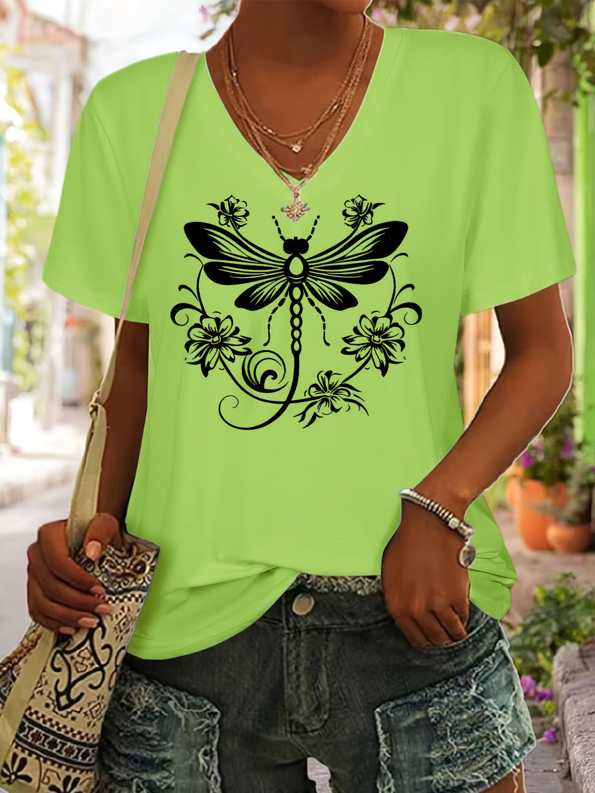 Dragonfly Print V-Neck T-Shirt for Women - Short Sleeve Casual Applique Top Spring Summer Soft Stretch Tee Gift for Her