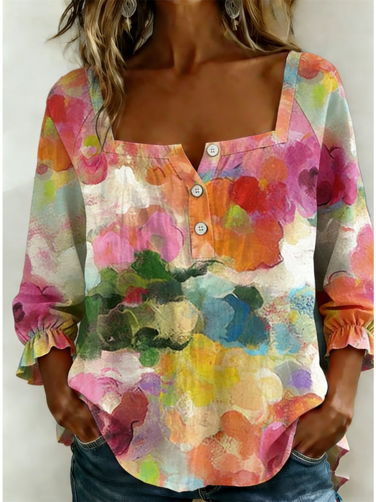 Square Neck Blouse Women Retro Art Oil Painting Smudged Floral Print 3-Button Short Sleeve Casual Chic Top S M L XL XXL
