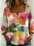 Square Neck Blouse Women Retro Art Oil Painting Smudged Floral Print 3-Button Short Sleeve Casual Chic Top S M L XL XXL