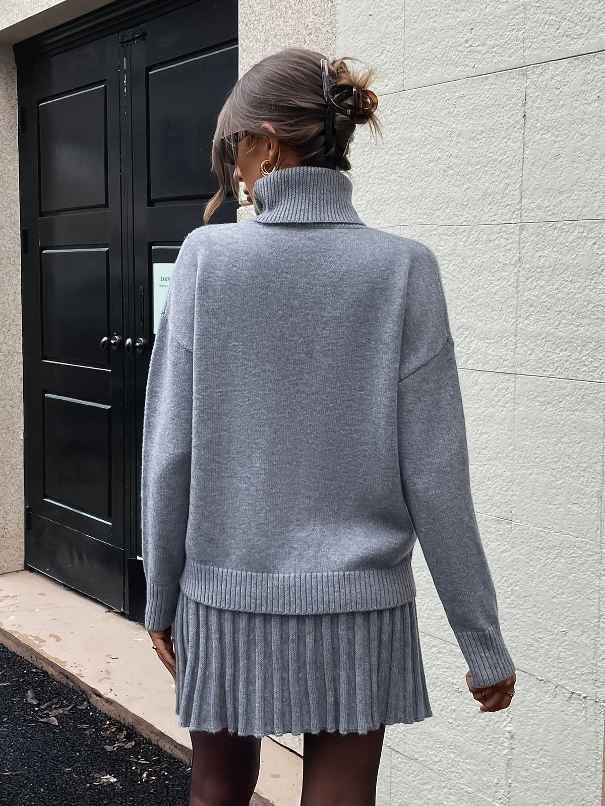 High-Neck Sweater Pleated Skirt Two-Piece Set Women Elegant Drop Shoulder Long Sleeve | Chic Knit Top + Pleated Skirt Co-Ord for Fall Winter Office & Daily Wear