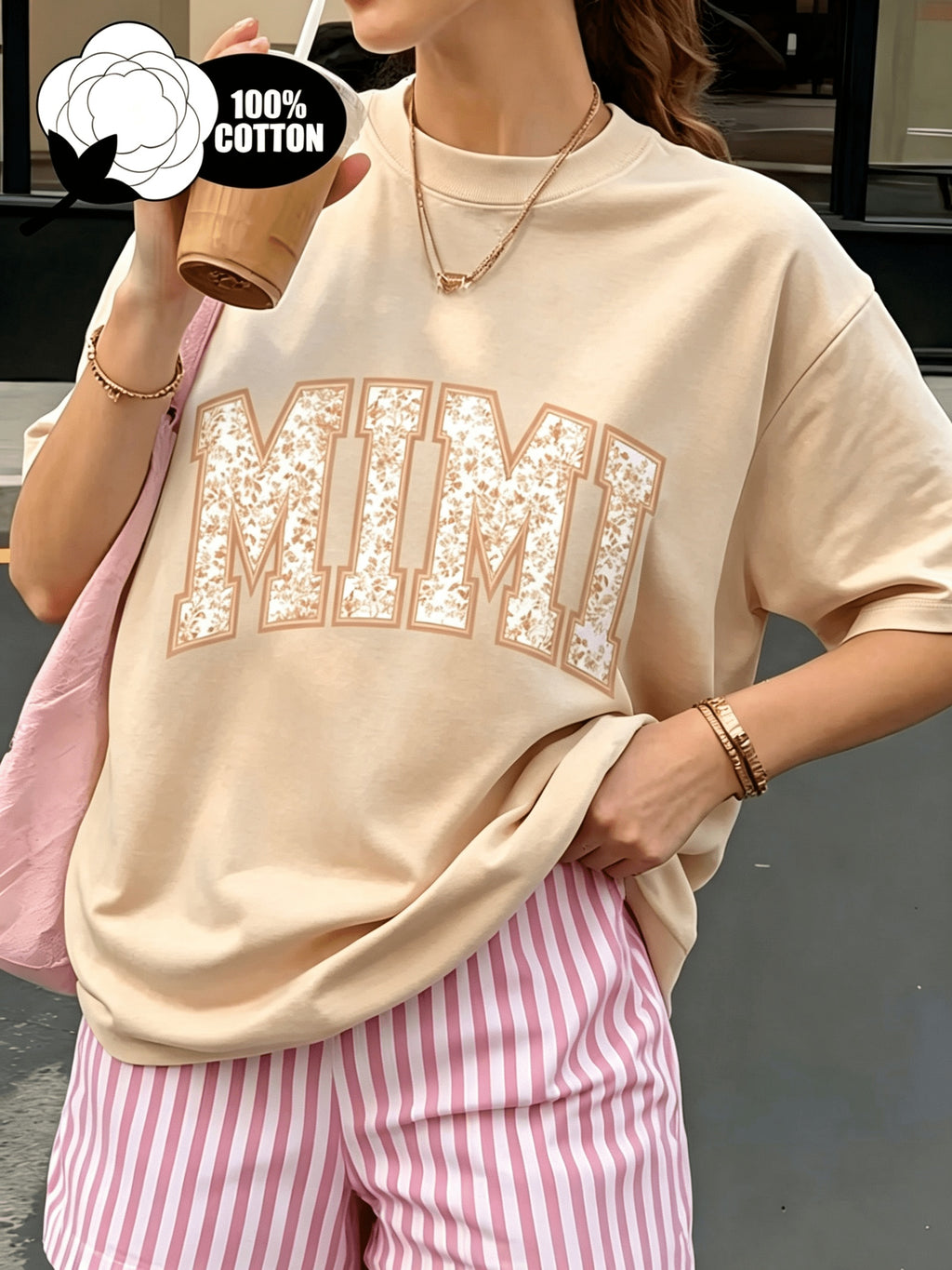 Floral MIMI Print Women T-Shirt Short Sleeve Loose Crew Neck Casual Graphic Tee Breathable Lightweight Everyday Top