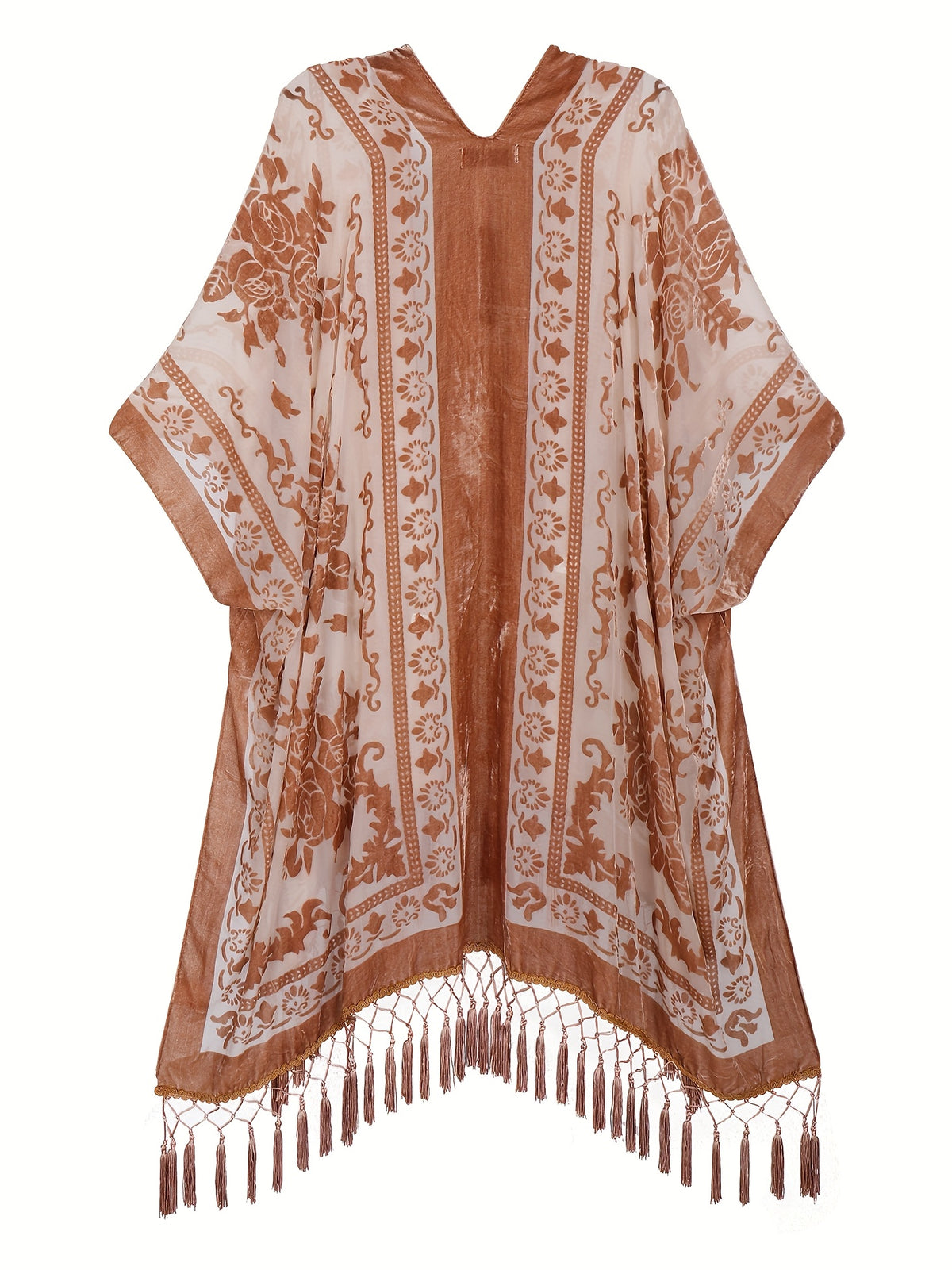 Boho Burnout Velvet Kimono Women Long Cardigan Cover Up Tassel Floral Embroidered One Size