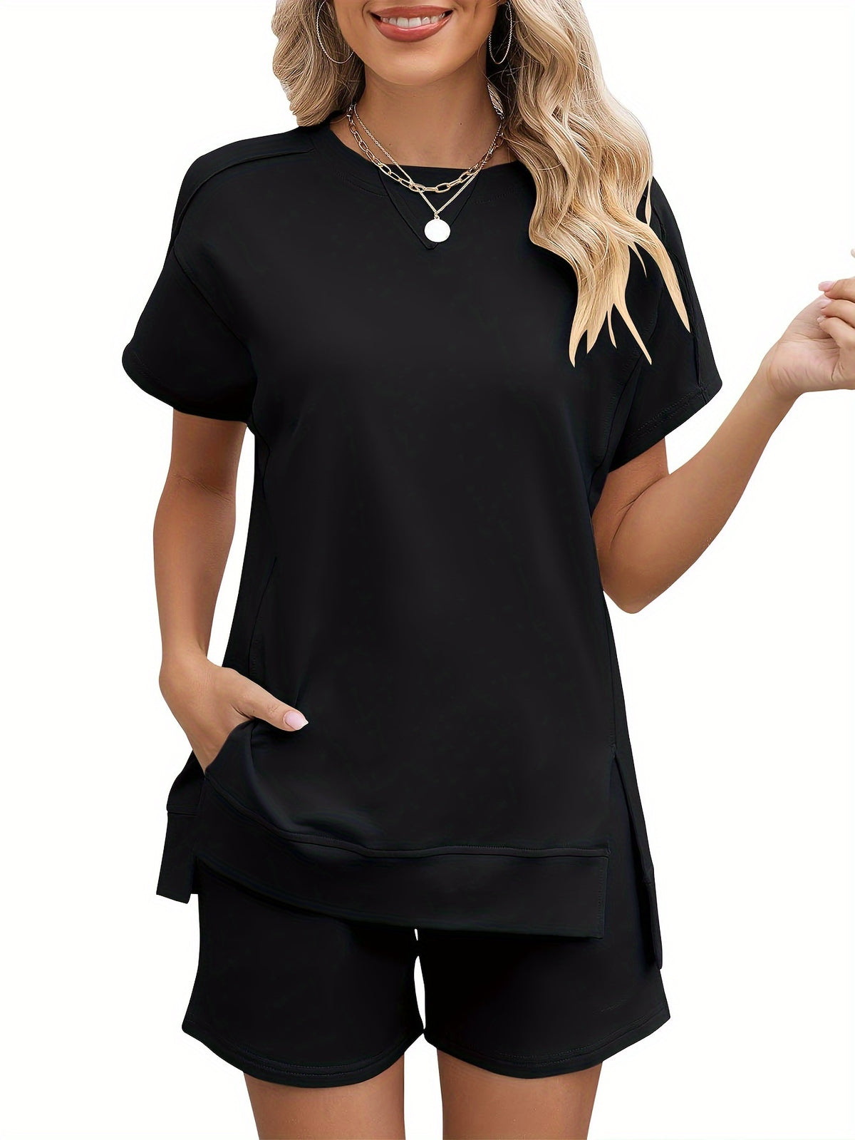 Solid Color Short Sleeve & Shorts 2-Piece Set for Women – Round Neck Slit Top with Matching Shorts, Casual Summer Loungewear Outfit