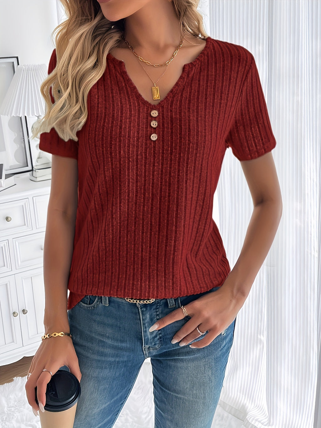 V-Neck Button Detail Ribbed Top Women Loose Short Sleeve Stretch Polyester Casual Elegant Solid Color Spring Summer Fall Top S-XXL
