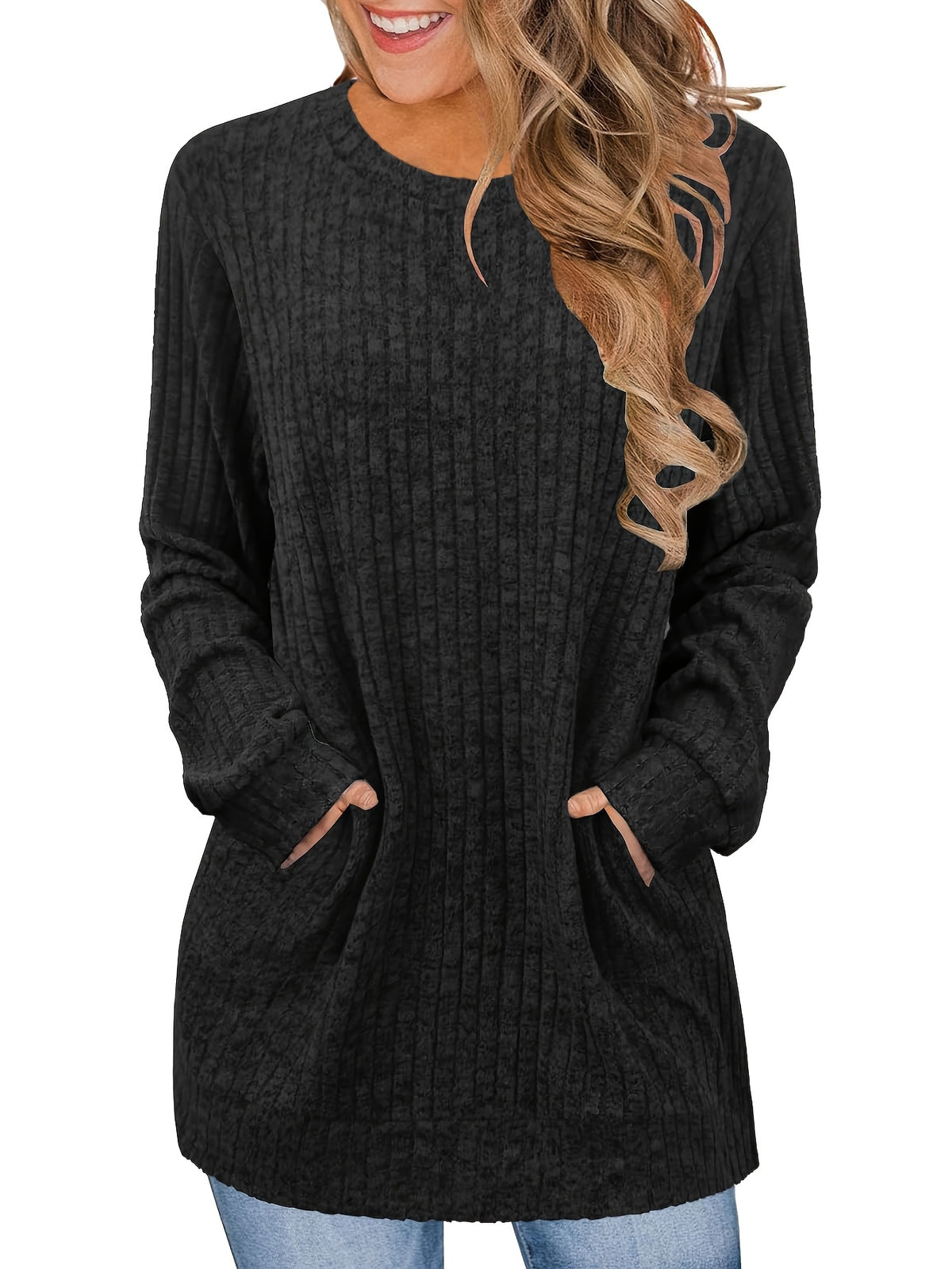 Oversized Sweater Dress Women Beige Long Sleeve Round Neck Tunic Pockets Cozy Casual All Season Machine Washable S-XXL