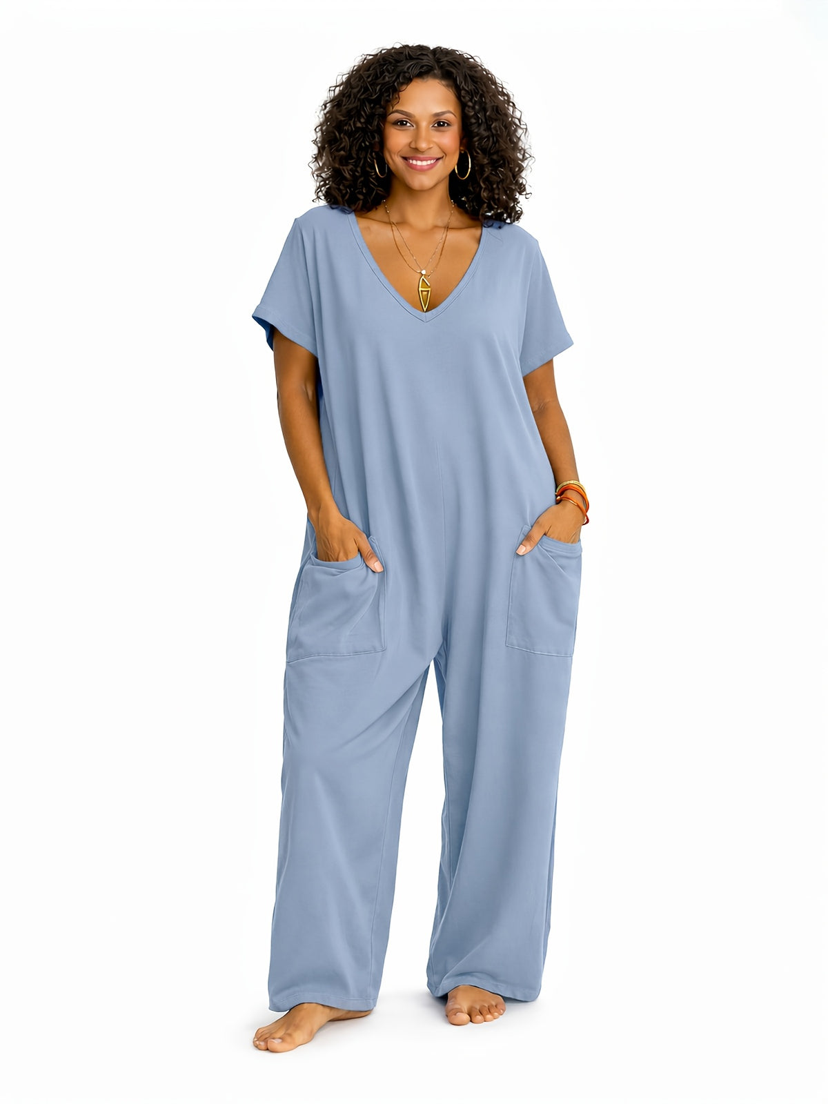 Oversized Loose Jumpsuit for Women with Pockets, V-Neck Short Sleeve Lightweight Casual One Piece, Solid Color Everyday Romper for Spring Summer Fall, Machine Washable