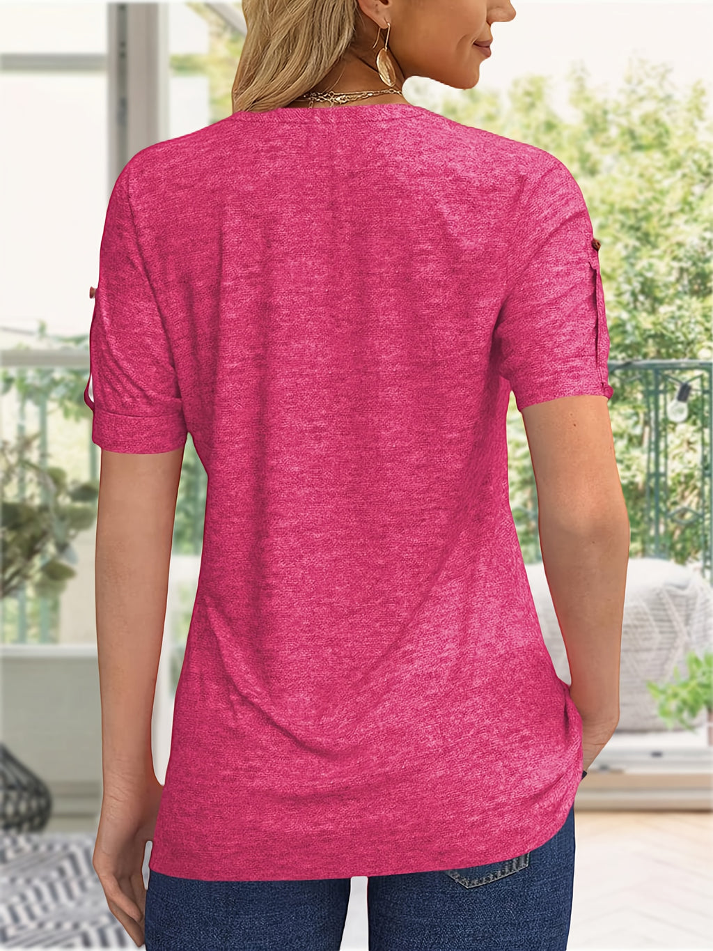 Button Front V-Neck Top Women Pleated Detail Short Sleeve Solid Color Casual Summer Blouse Lightweight Breathable Machine Washable