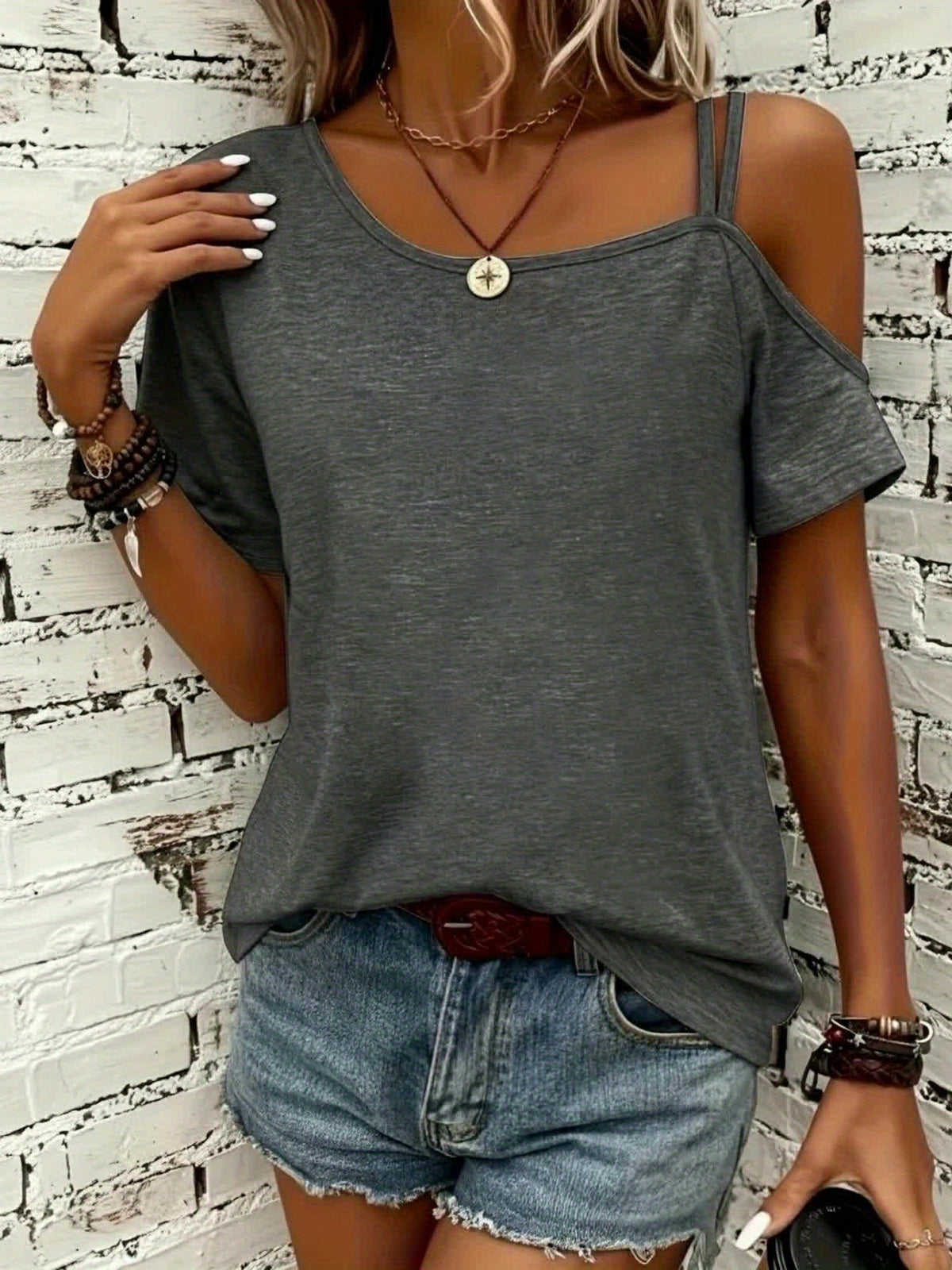 One Shoulder Gray Women Top Short Sleeve Asymmetric Casual Relaxed T-Shirt Daily Wear Spring Summer Chic Solid Color Pullover