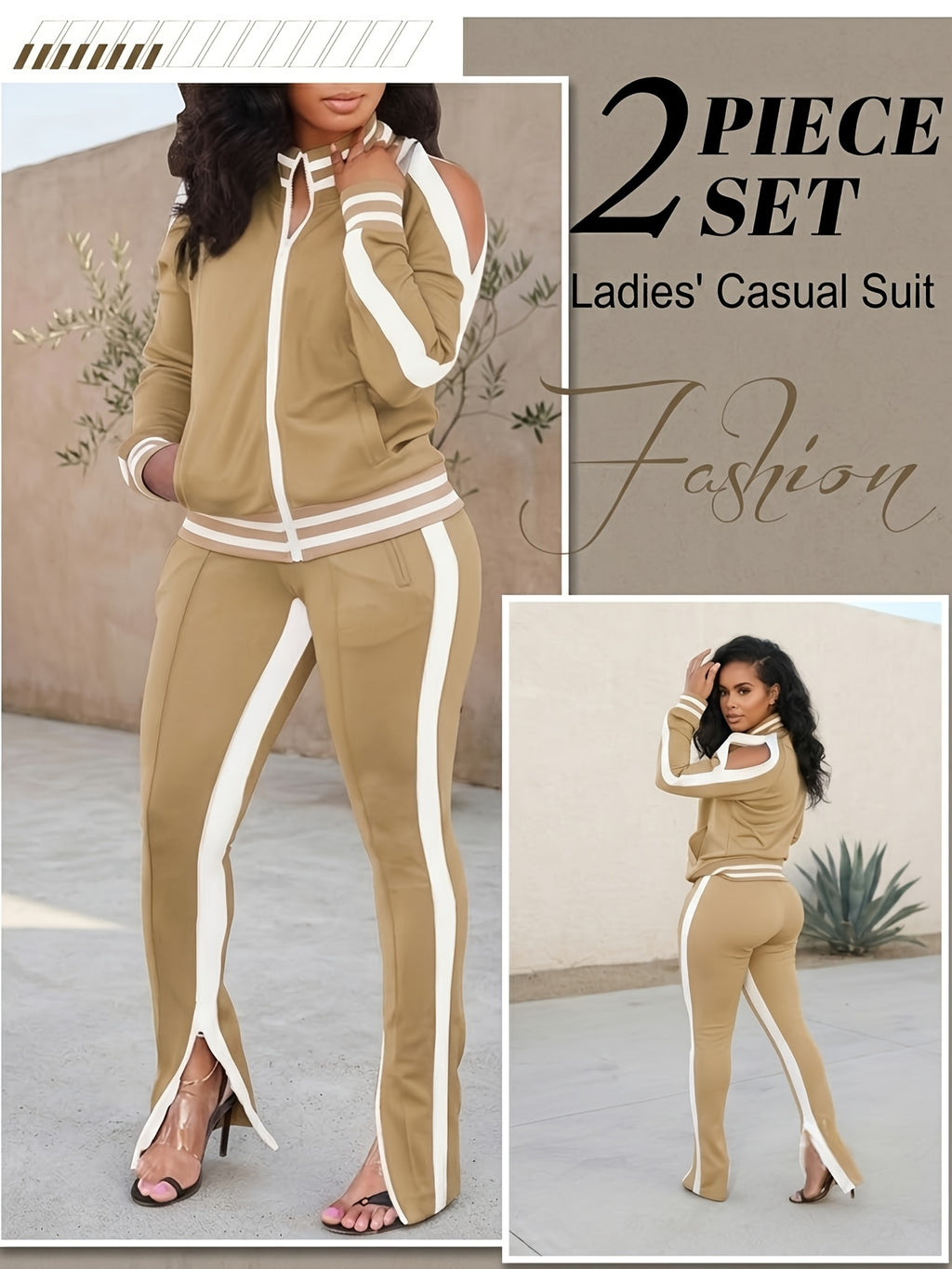 Color Block Off-Shoulder Tracksuit Set for Women – 2-Piece Zip Cuff Sweatshirt & Sweatpants Casual Matching Outfit, Lightweight Breathable Jogger Set