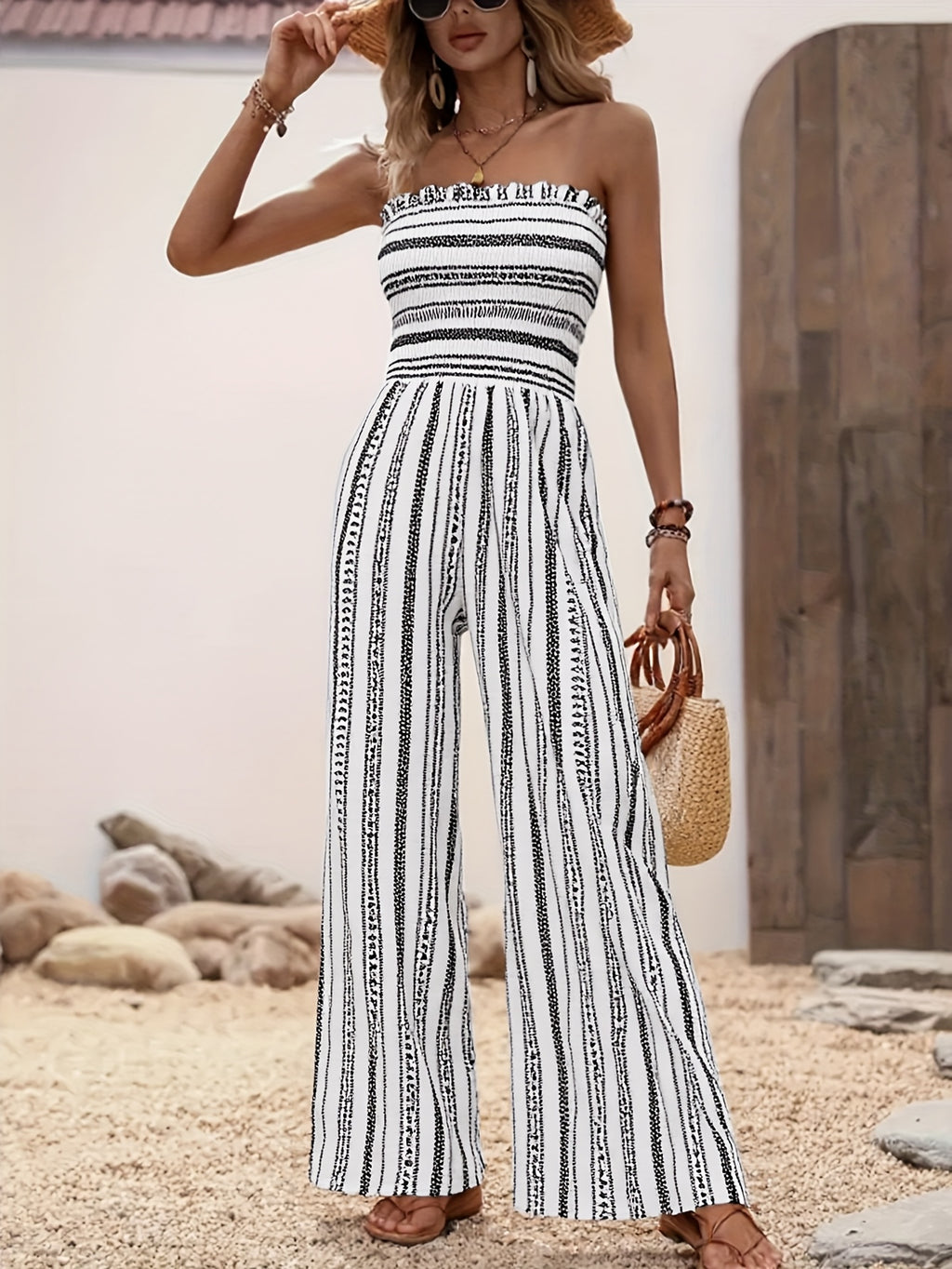 Strapless Striped Wide-Leg Jumpsuit Women Black White Smocked Tube Top Casual Loose Summer Vacation Romper S-XXL
