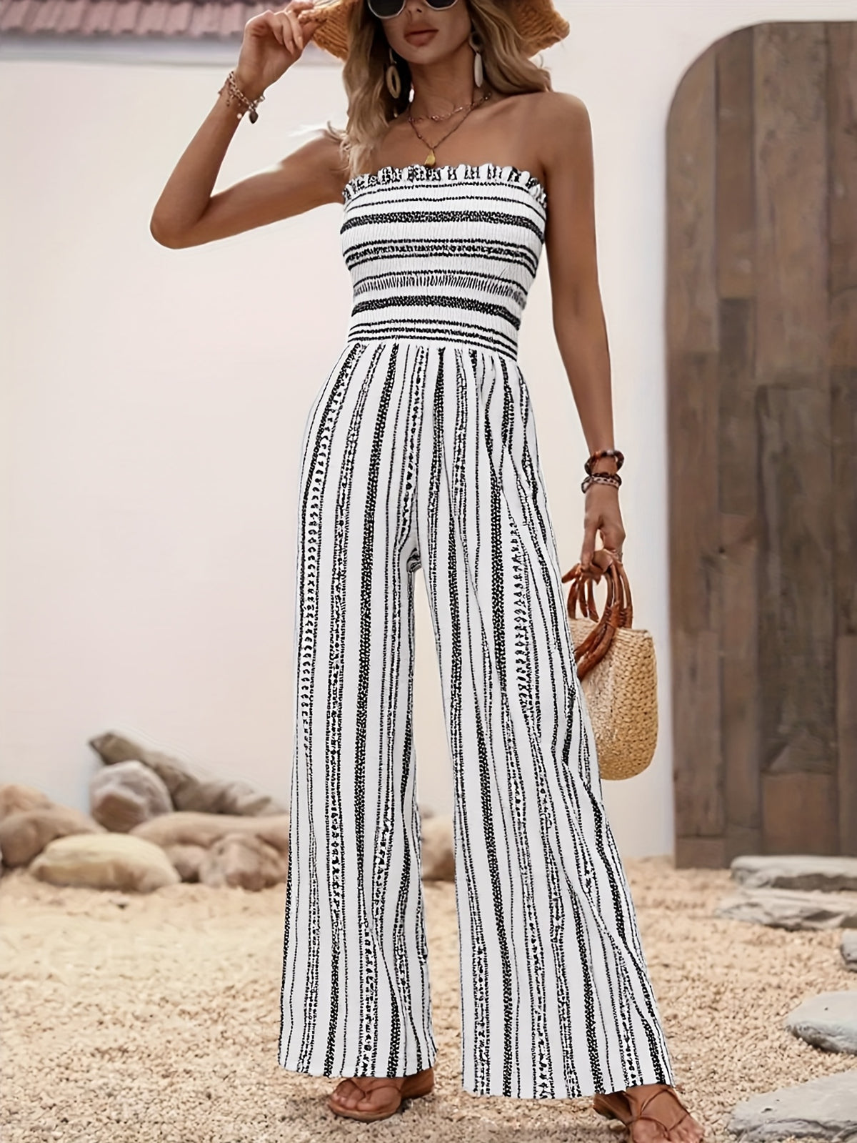 Strapless Striped Wide-Leg Jumpsuit Women Black White Smocked Tube Top Casual Loose Summer Vacation Romper S-XXL