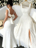 White Bodycon Maxi Dress Women Sleeveless Square Neck Backless Bow Tie High Split Slim Fit Formal Evening Party Wedding Guest Long Dress Summer S-XXL