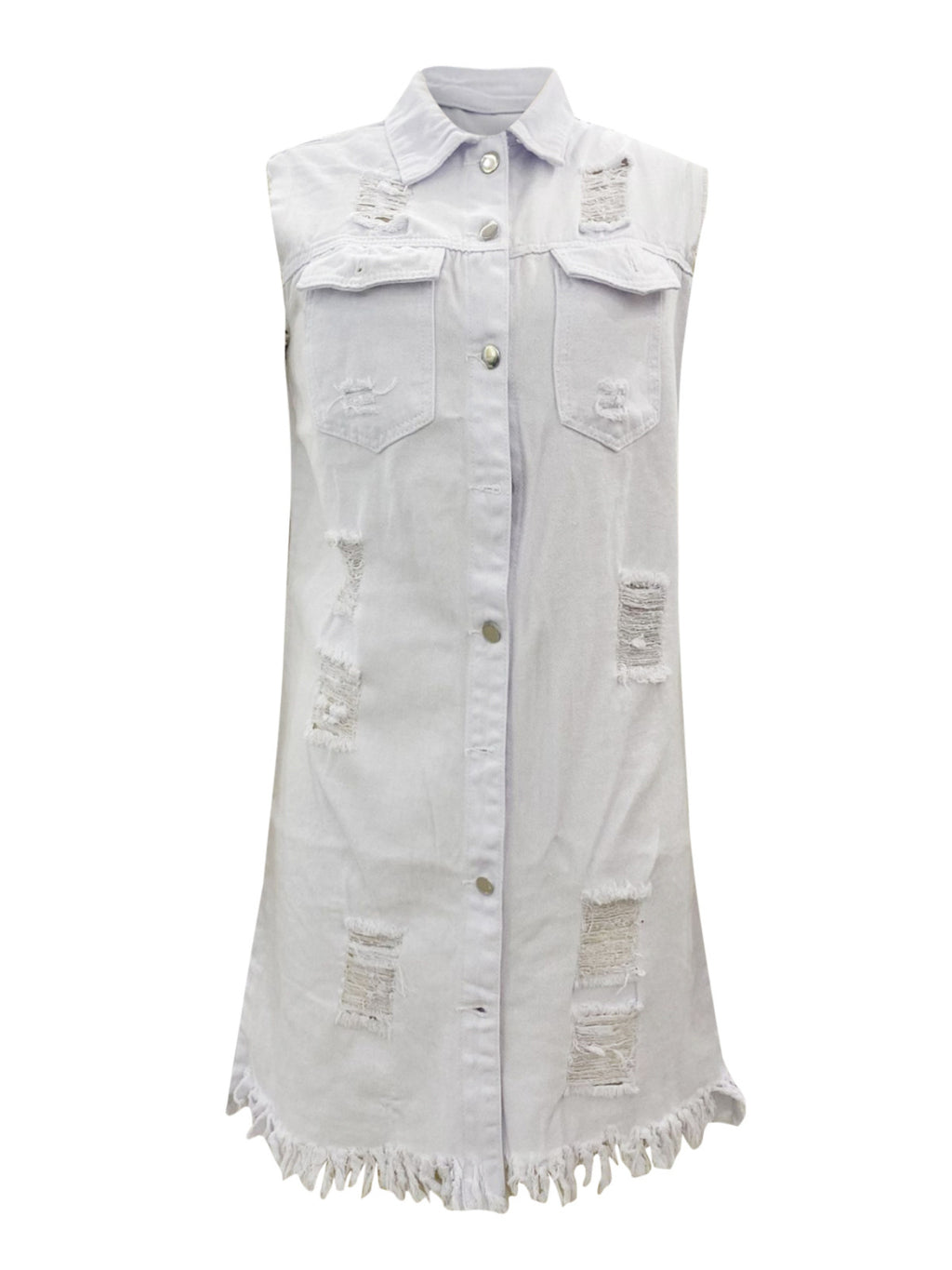Sleeveless Long Denim Vest Jacket Women Button Closure Lapel Collar Midi Length Raw Hem Street Style Fall Winter Blue Black White S-XXL