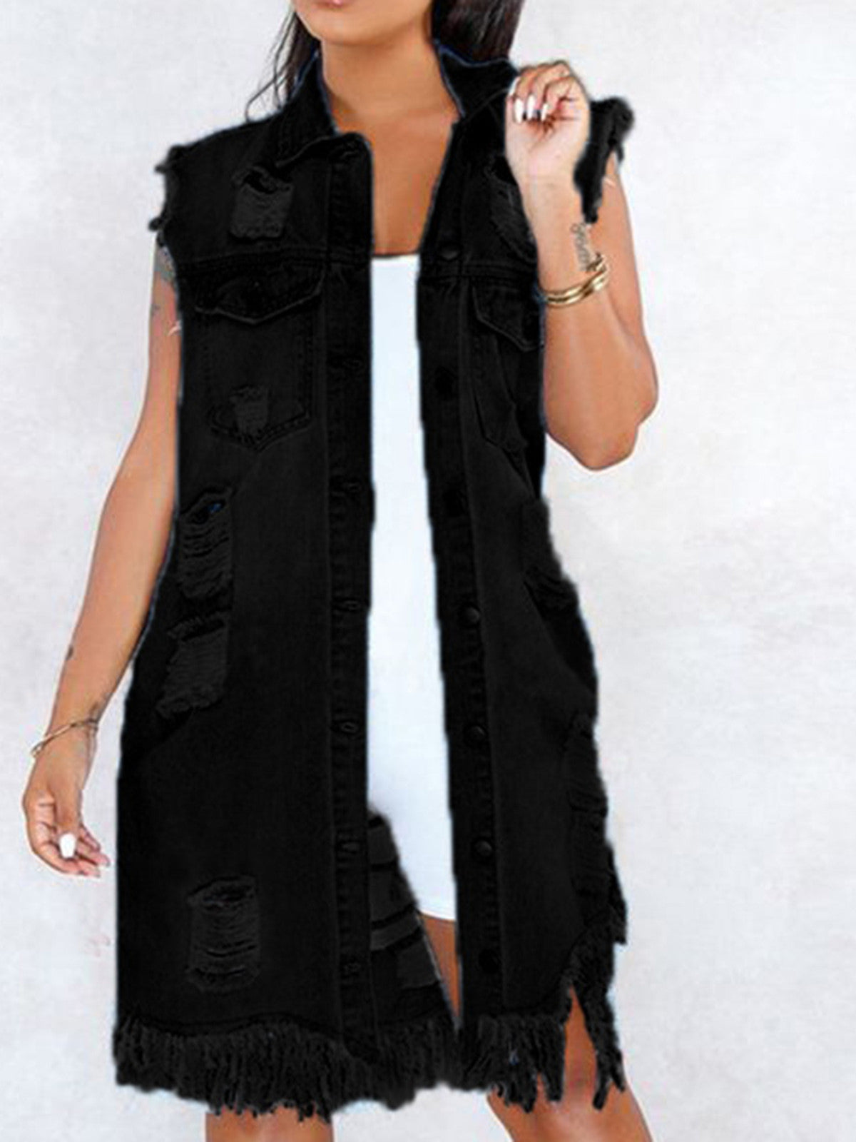 Sleeveless Long Denim Vest Jacket Women Button Closure Lapel Collar Midi Length Raw Hem Street Style Fall Winter Blue Black White S-XXL