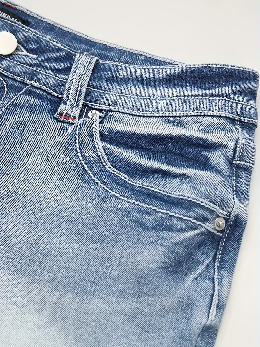 Stretch Denim Shorts for Women - Retro Color Block Embroidery Mid Rise Slim Fit, Built-In Zipper Machine Washable Cotton Blue Casual Jean Shorts for Spring Summer