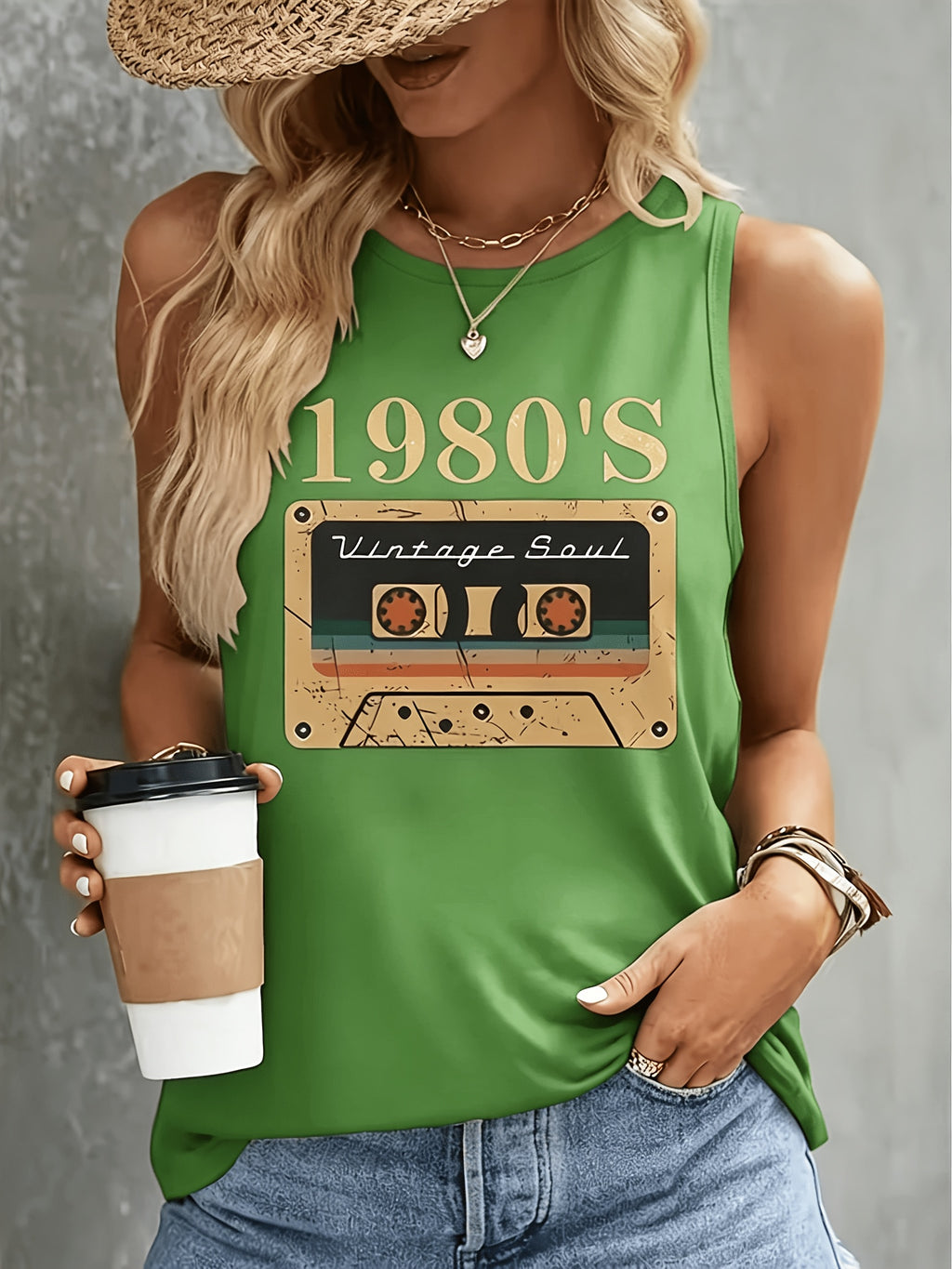 1980s Vintage Cassette Graphic Tank Top Women Retro Print Sleeveless Tee Casual Summer Beach Vacation Party Top