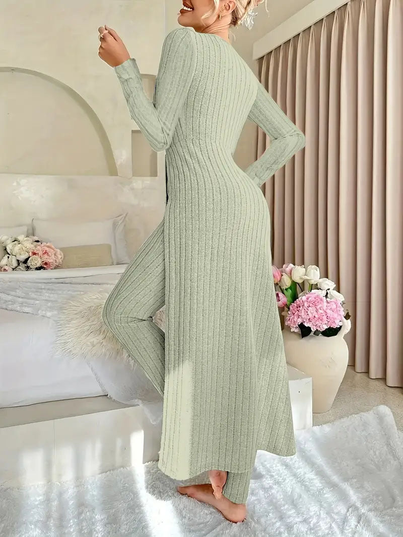 Heavyweight Fleece Lounge Set Women Oversized Long Sleeve Wide-Leg Pants Cozy Winter Two-Piece Ribbed Minimalist S-XL